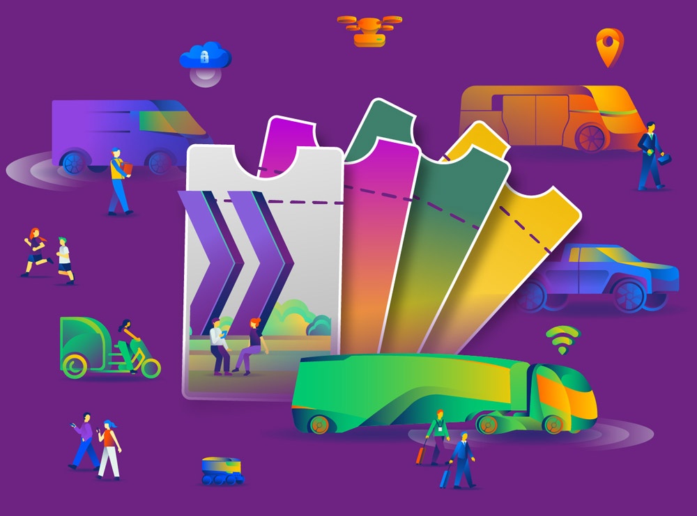 Illustration von IAA TRANSPORTATION Tickets umgeben von Autos, Bussen und Reisenden.