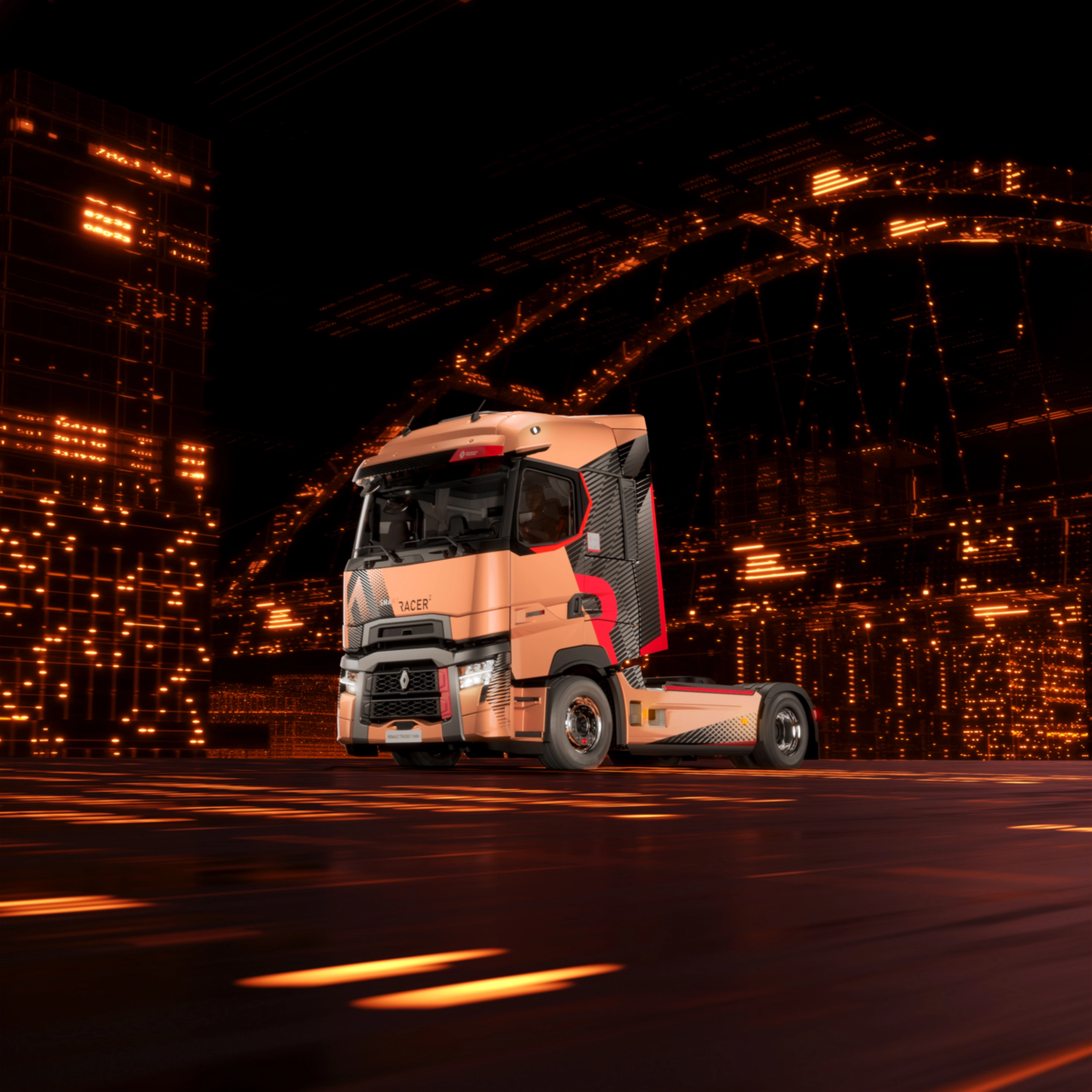 Renault Trucks T High Sattelzugmaschine fährt nachts durch eine Stadt.