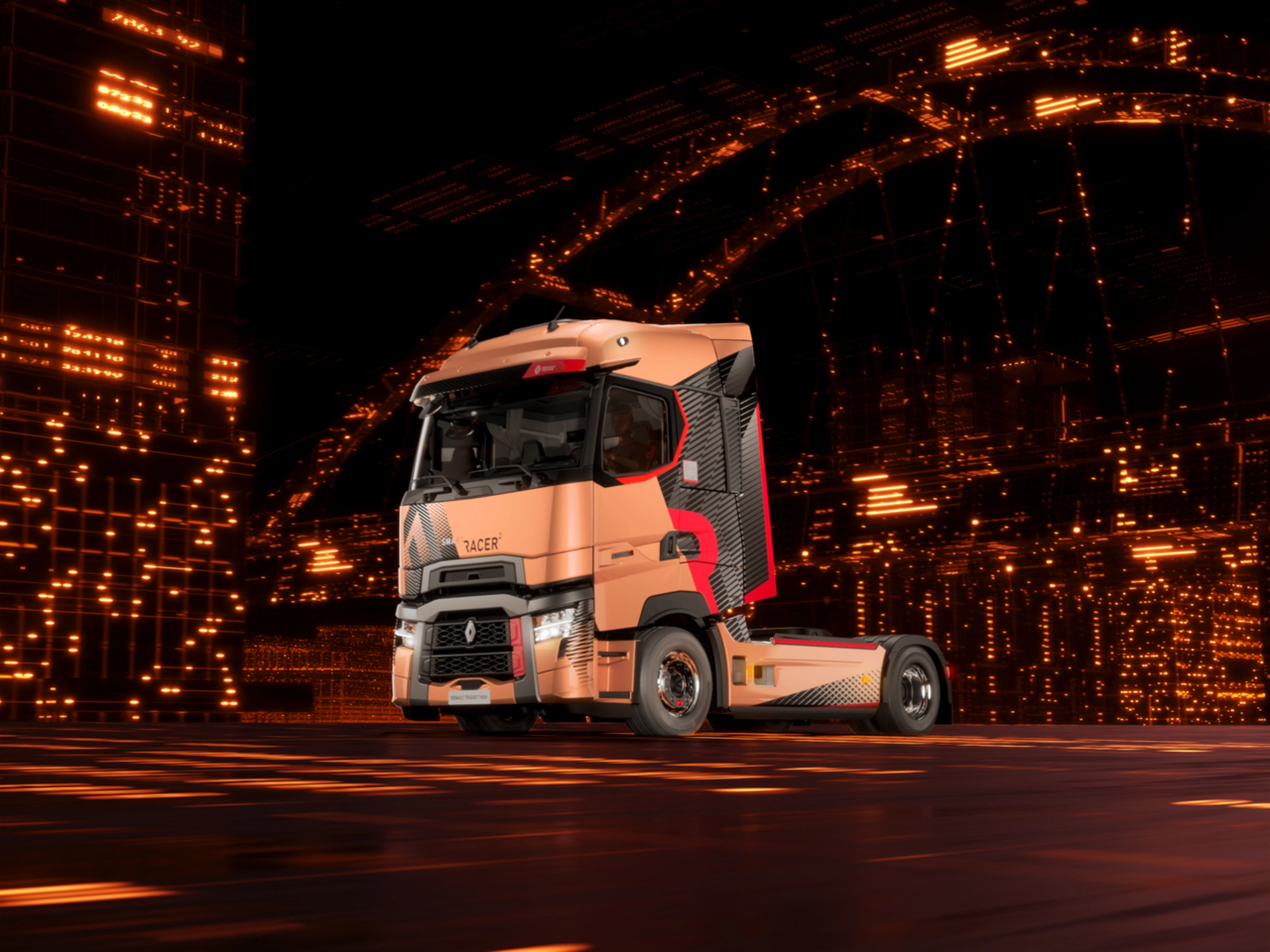 Renault Trucks T High Sattelzugmaschine fährt nachts durch eine Stadt.