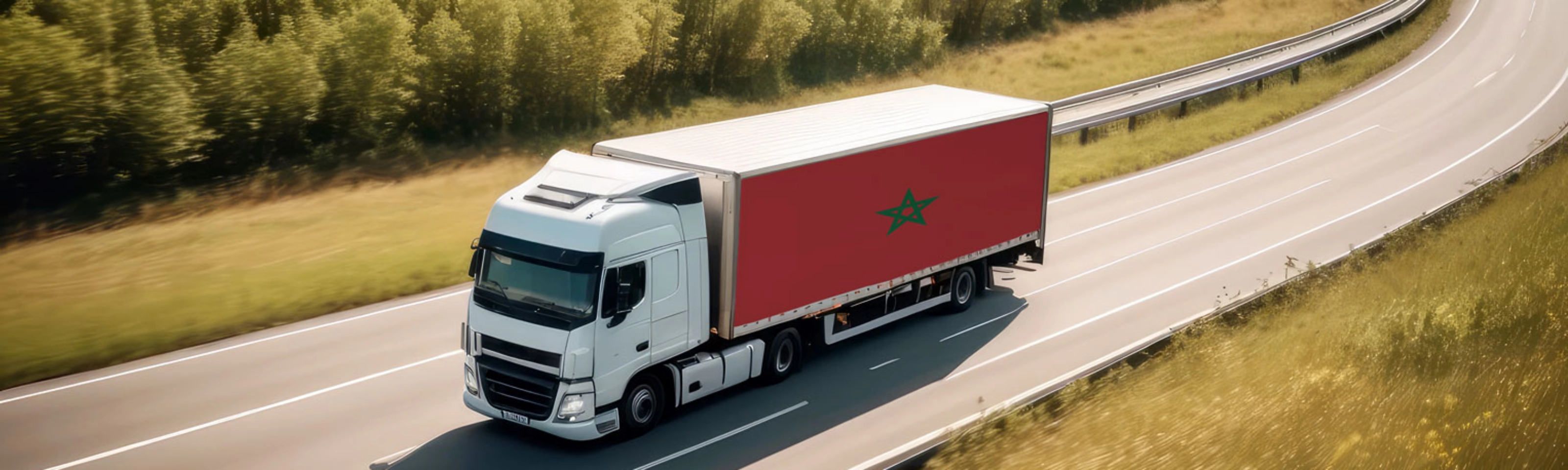 White truck with red trailer driving on a highway through open countryside.