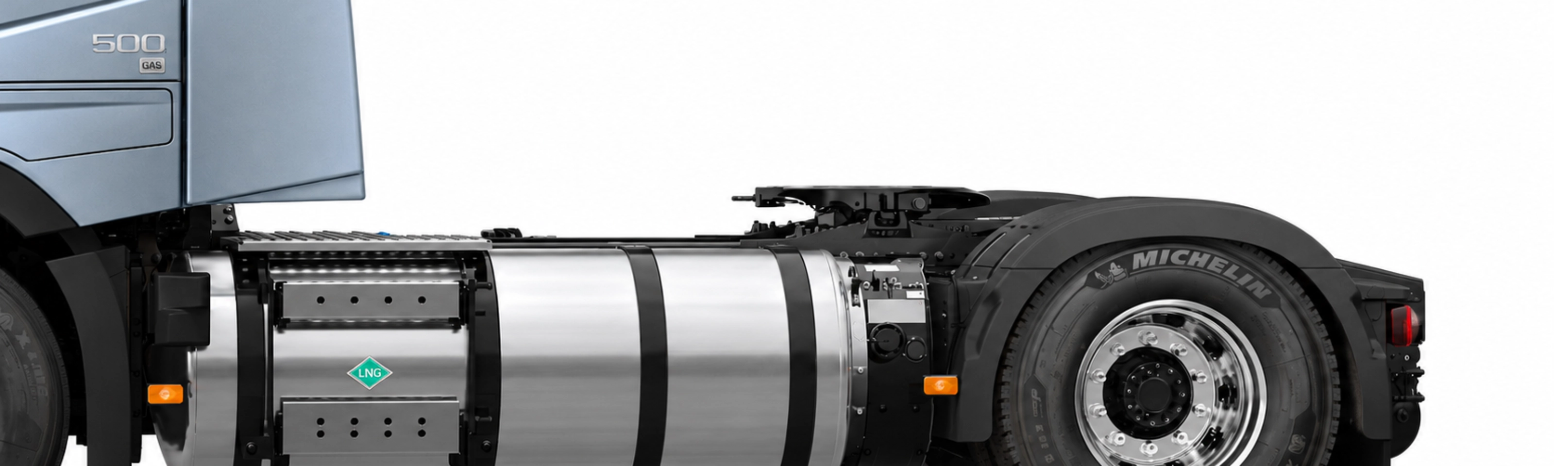 Side view of a truck chassis with a large LNG fuel tank.