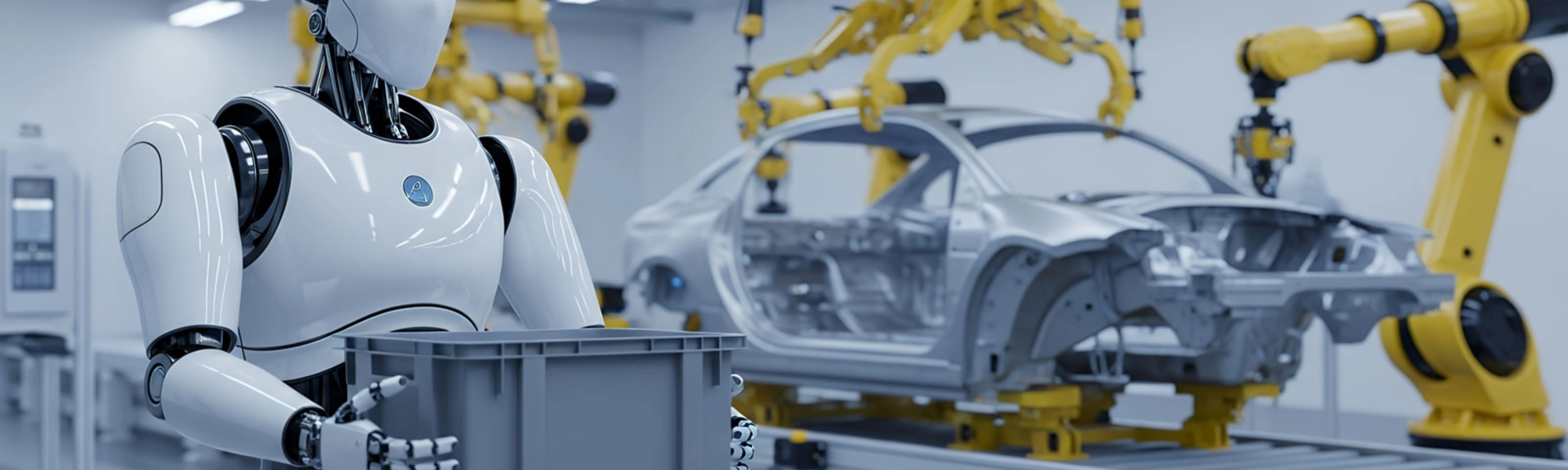 Humanoid robot works on a car body in an automated factory.
