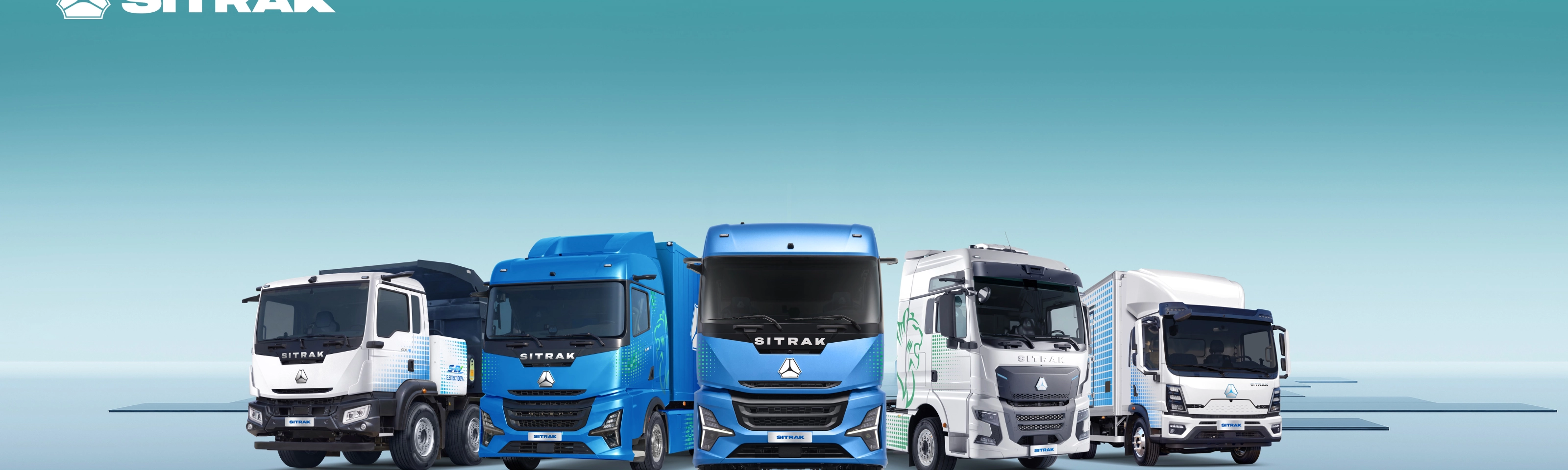 Five SITRAK trucks of different sizes displayed side by side.