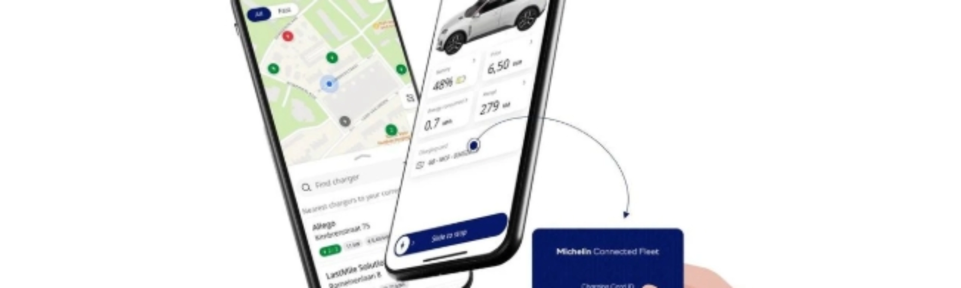 Two smartphones showing a map and vehicle details, with a hand holding a blue card.