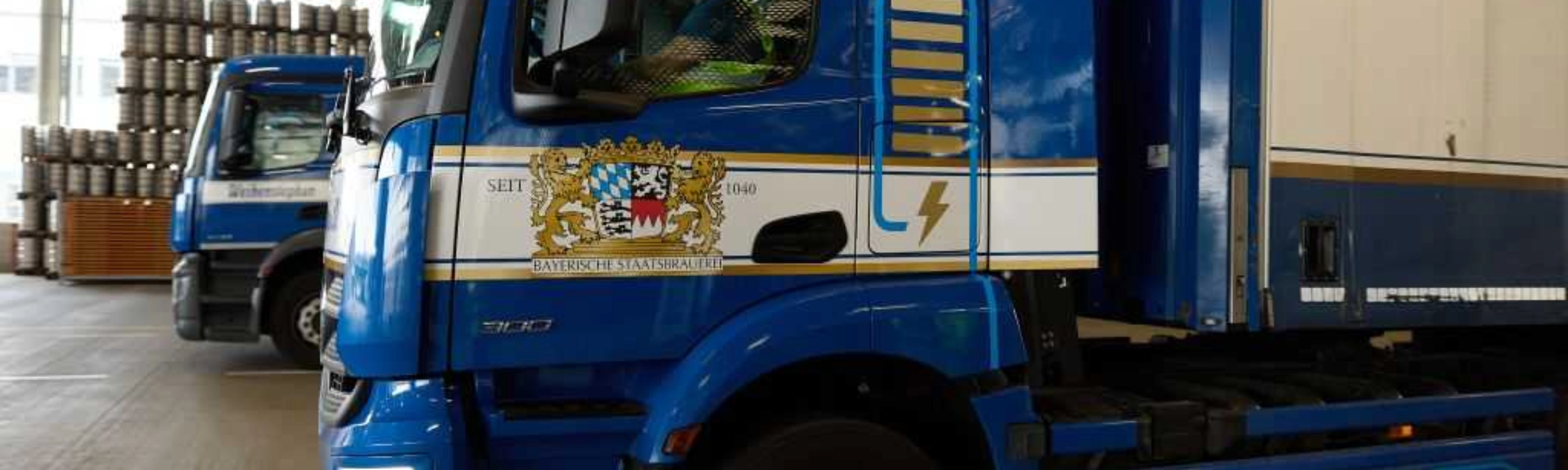 Lastwagen steht in einer Logistikhalle, Fahrer sitzt im Führerhaus.