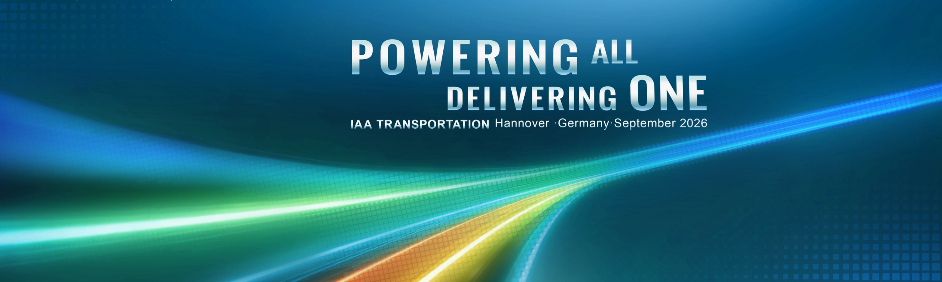 IAA Transportation 2026 graphic: “Powering All, Delivering One” with SDHI, Sinotruk, Weichai and Hande Axle.