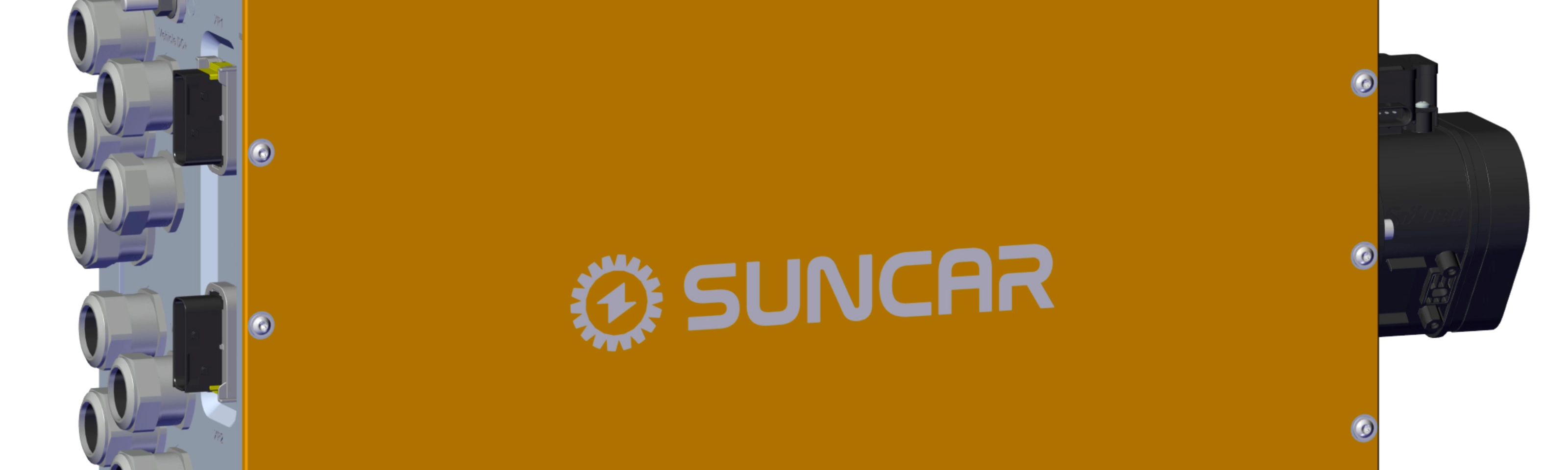 Ein SUNCAR-Steuergerät mit orangefarbener Abdeckung vor weißem Hintergrund.
