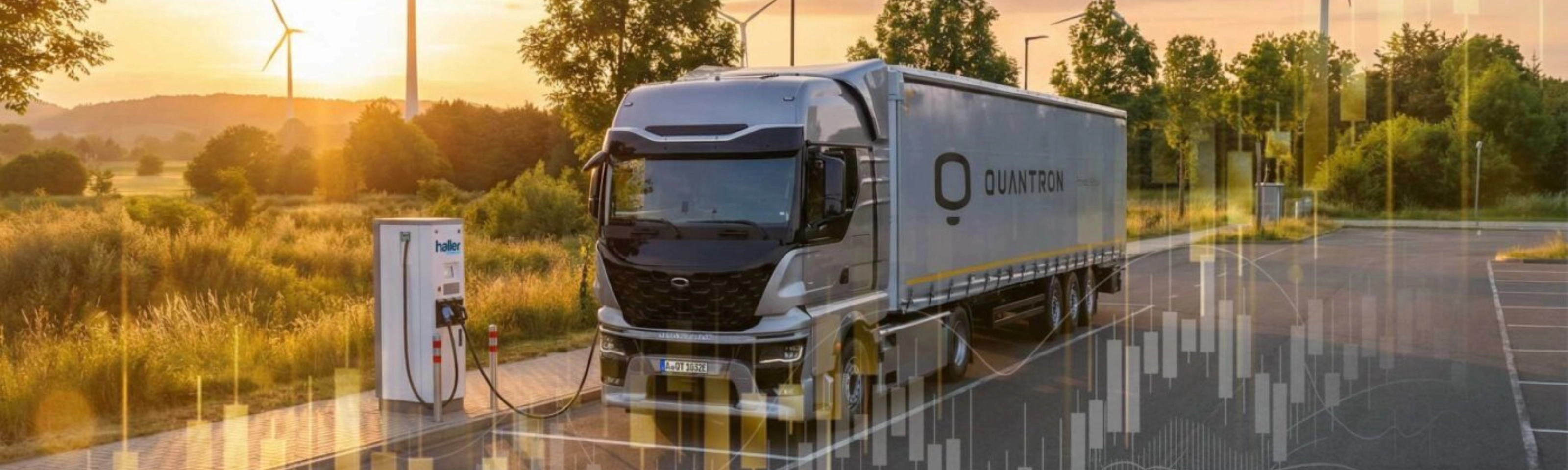 Quantron electric truck at a charging station with wind turbines and financial charts.