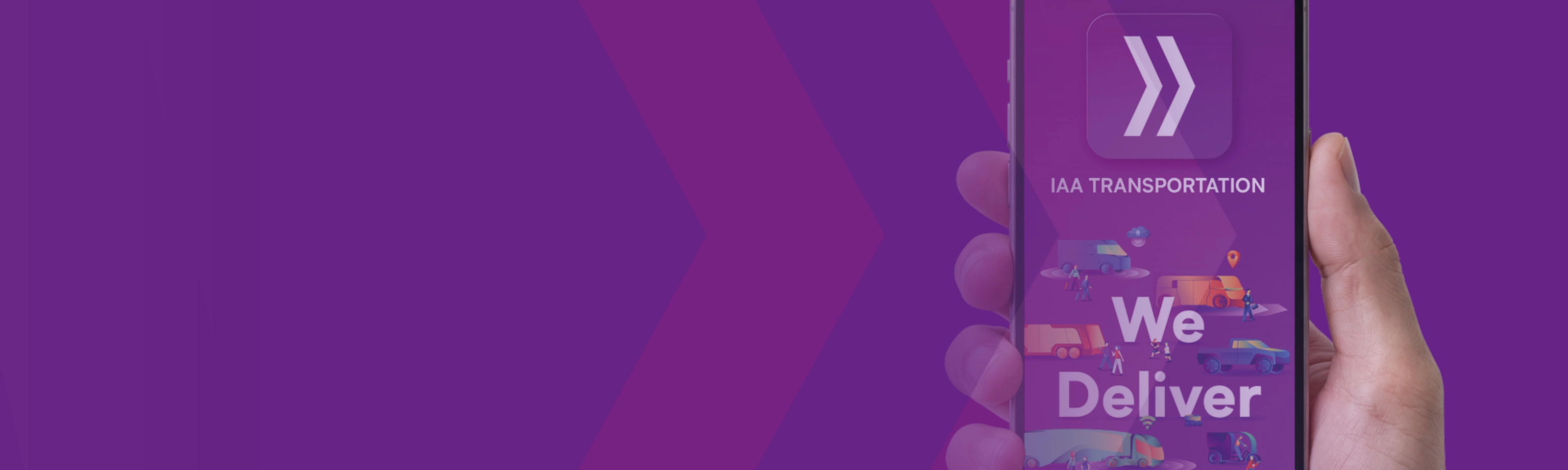 Eine Person hält ein Smartphone mit einer bunten App-Oberfläche und dem Text IAA.