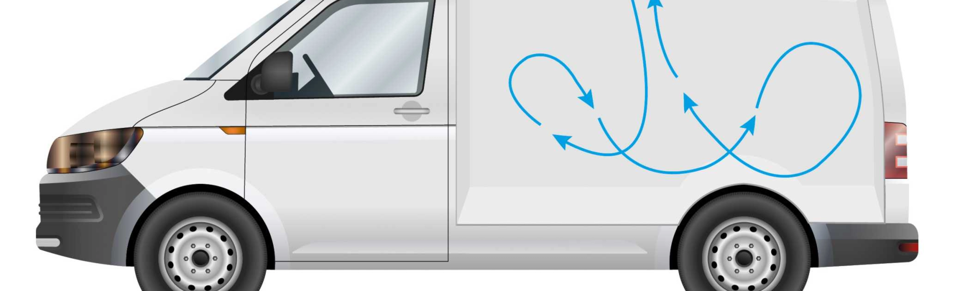 Side view of the front section of a white delivery van.