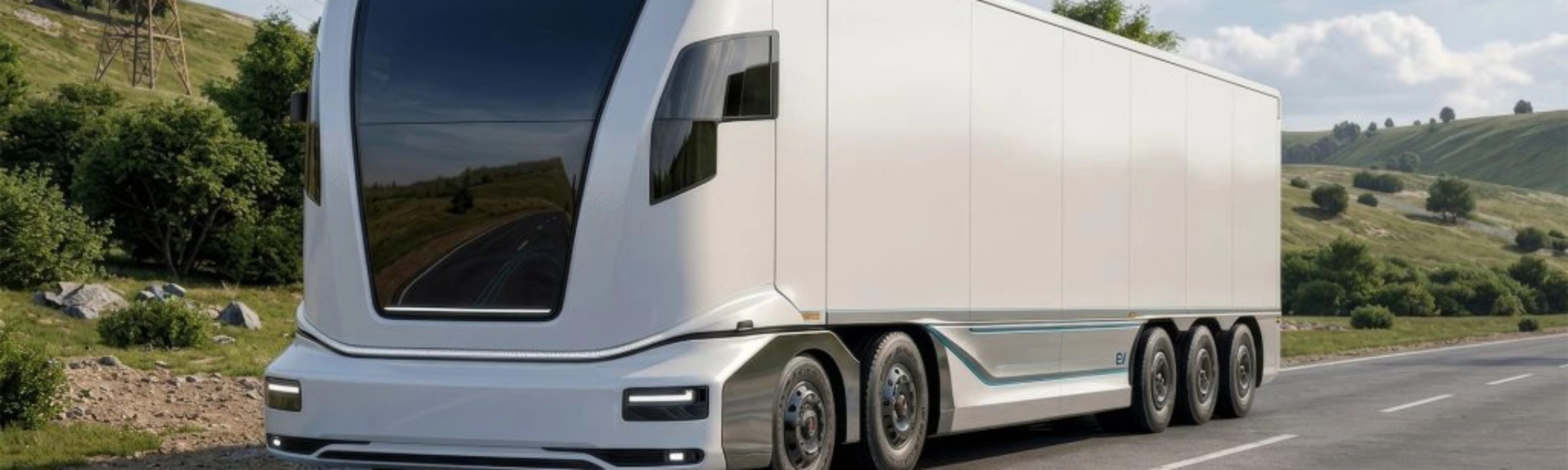 Futuristic electric semi-truck driving on a rural road.