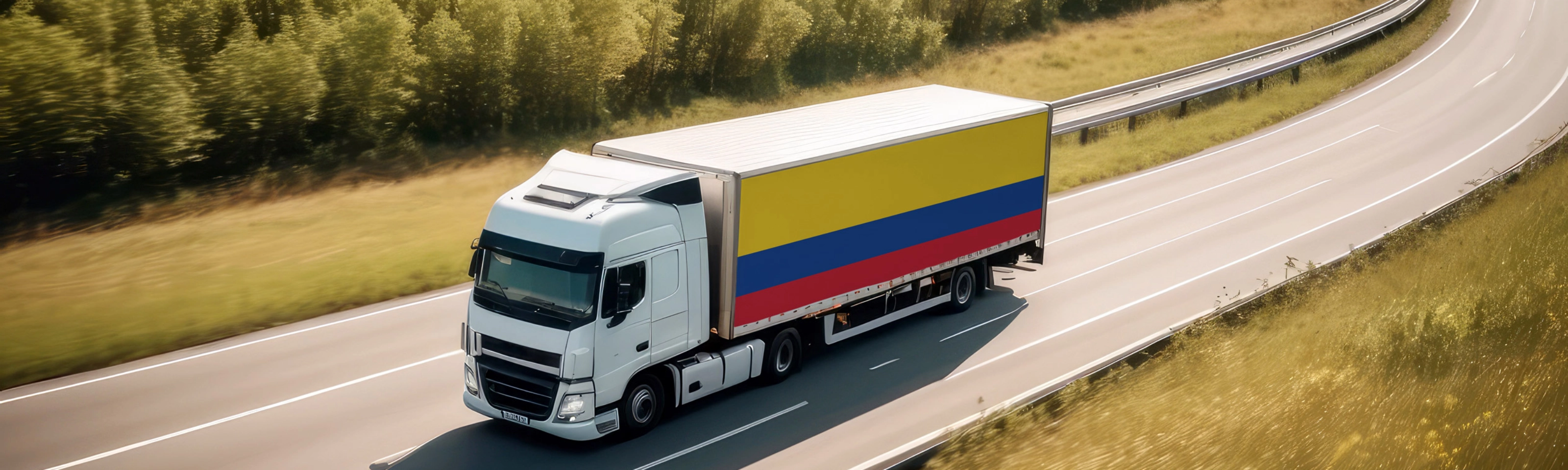 Lastwagen fährt auf einer Autobahn durch eine ländliche Landschaft.