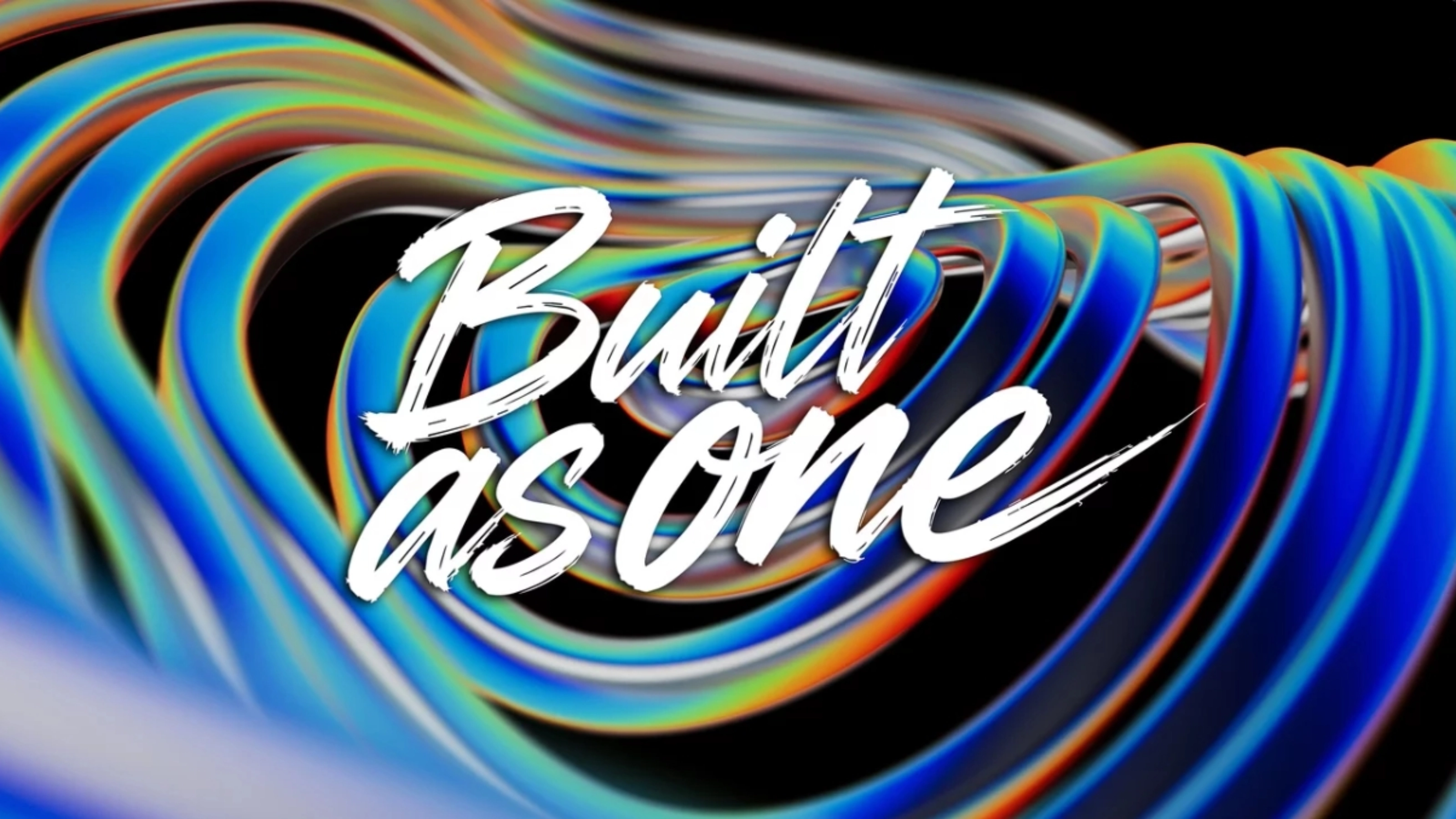 Stylized “Built as one” lettering over abstract flowing ribbon shapes on a dark background.