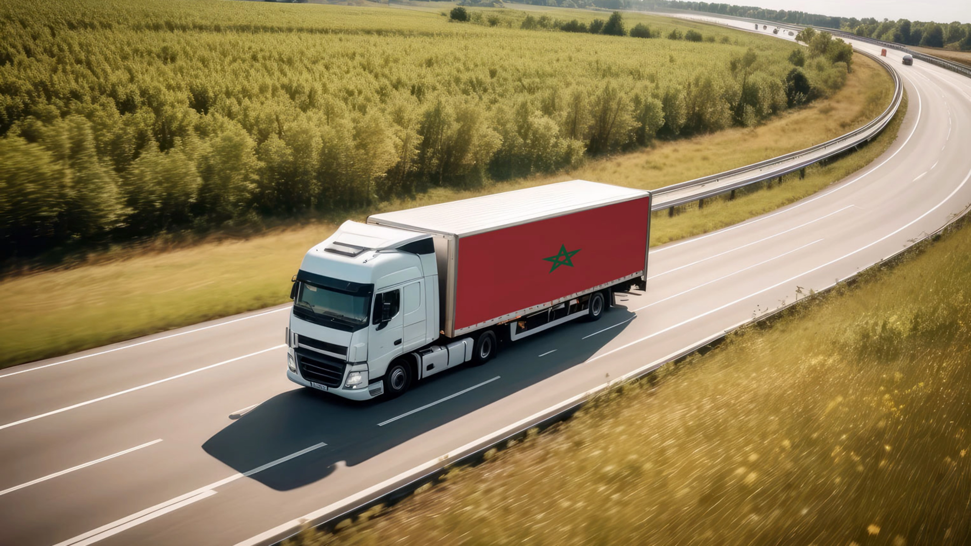 White truck with red trailer driving on a highway through open countryside.