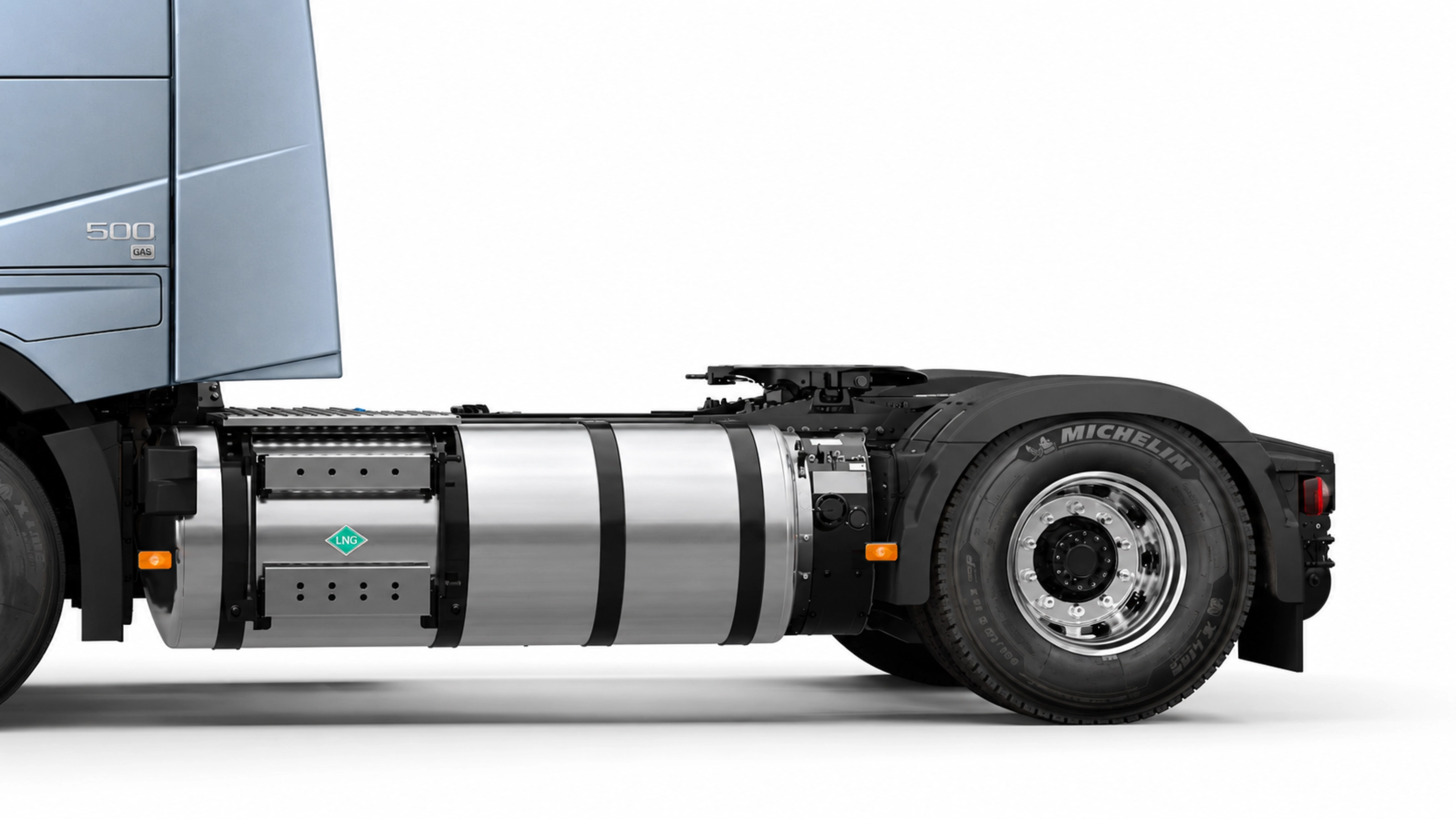 Side view of a truck chassis with a large LNG fuel tank.