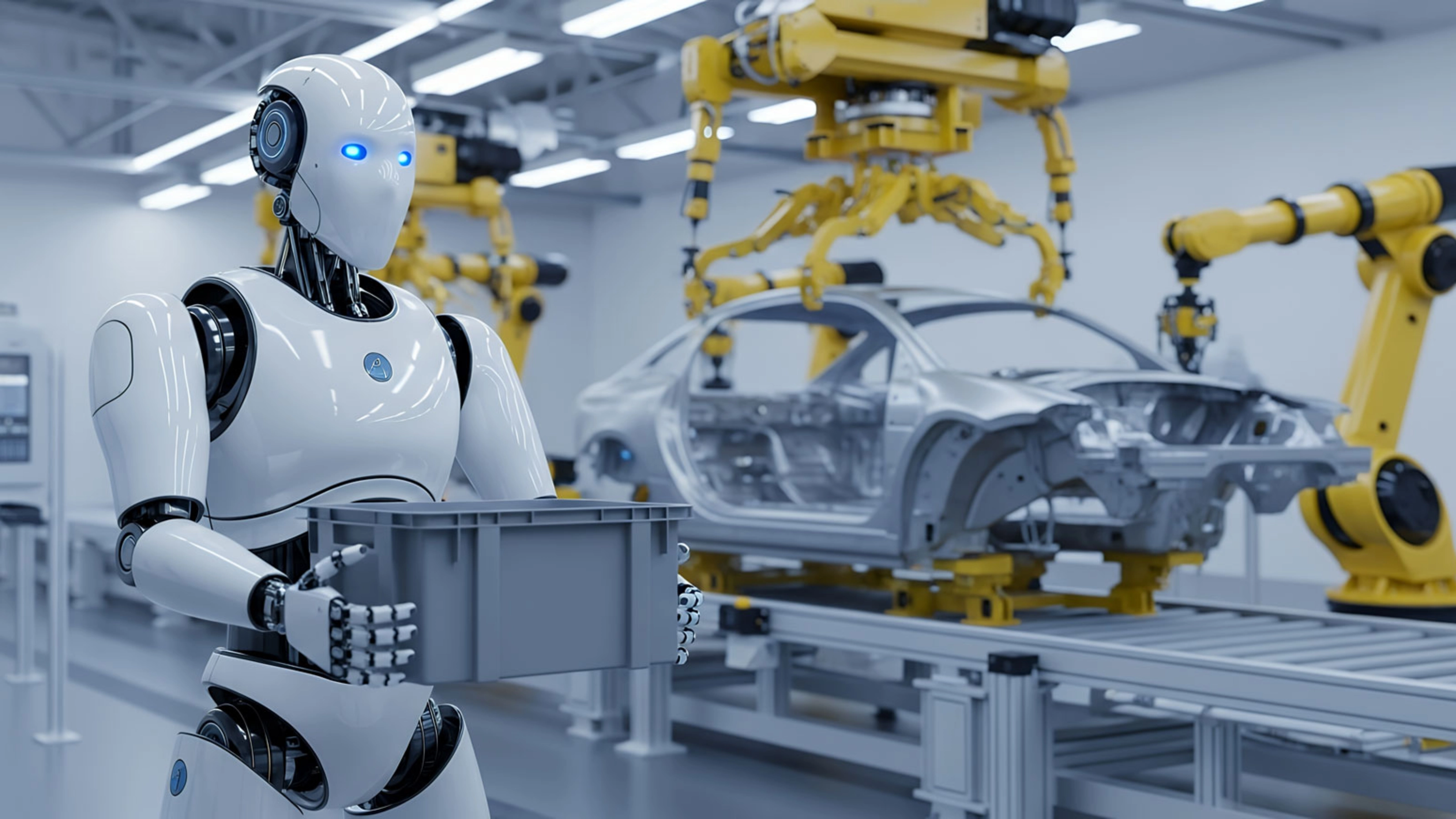 Humanoid robot works on a car body in an automated factory.