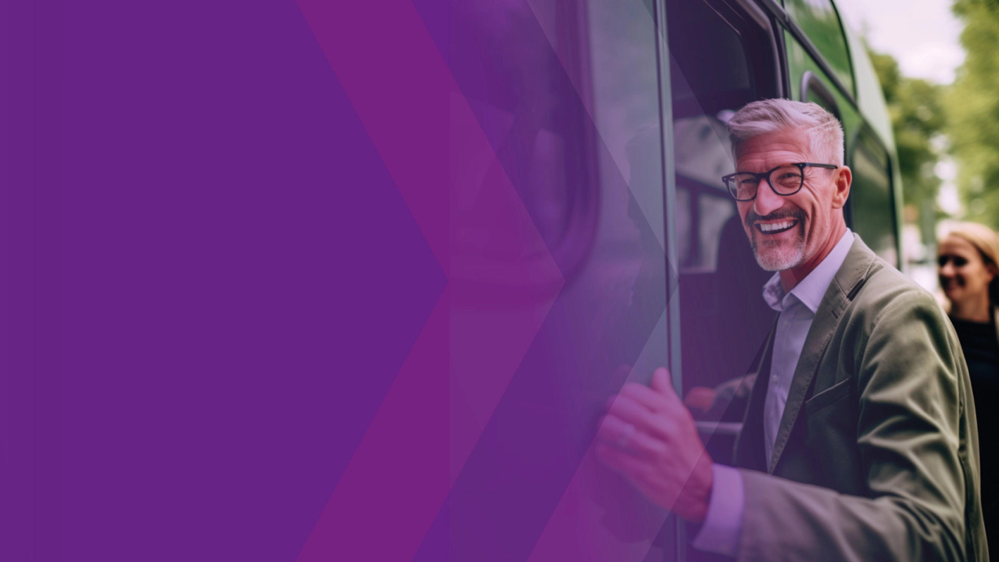 Smiling man boarding a bus, purple overlay on the left.