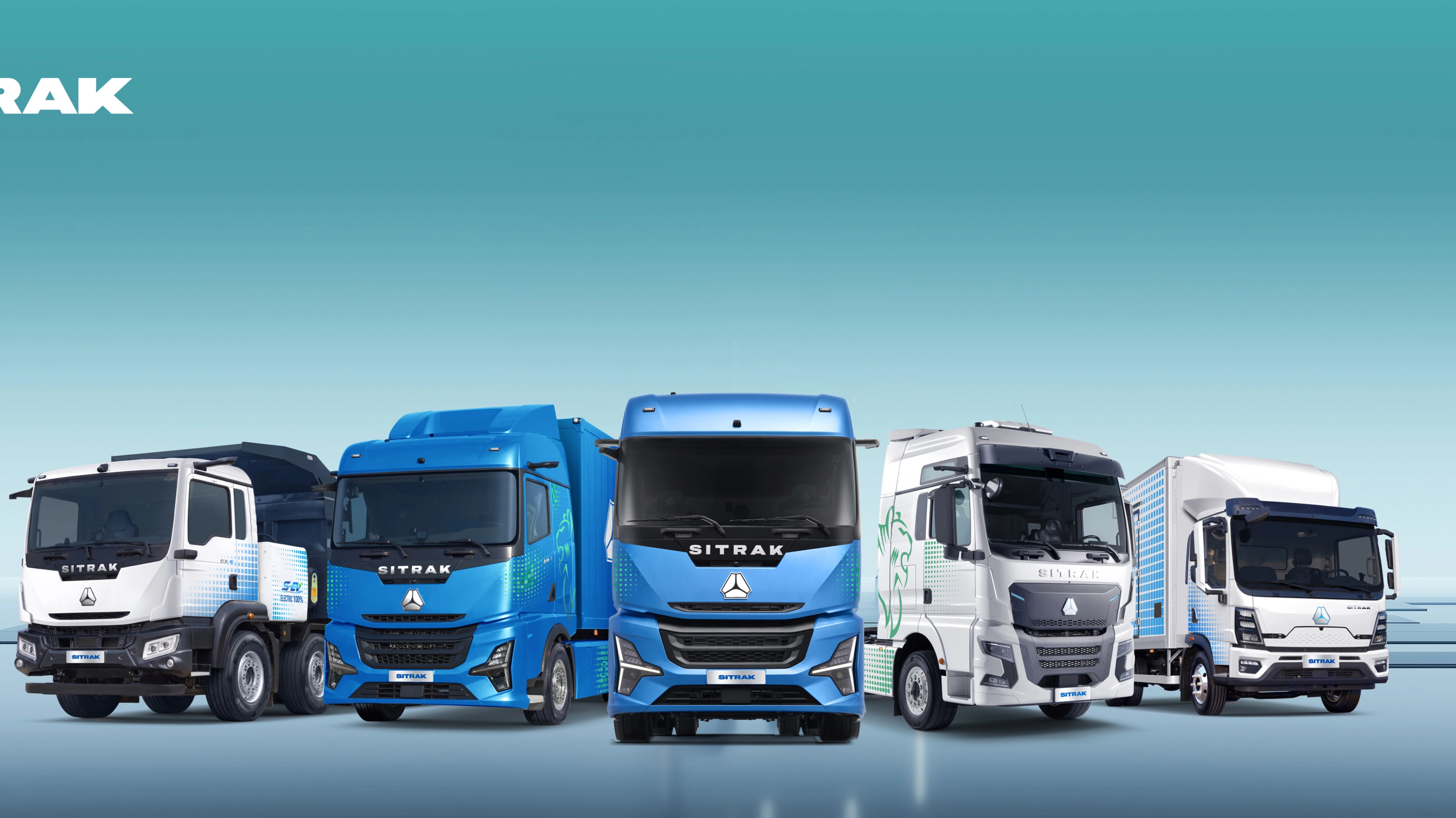 Five SITRAK trucks of different sizes displayed side by side.