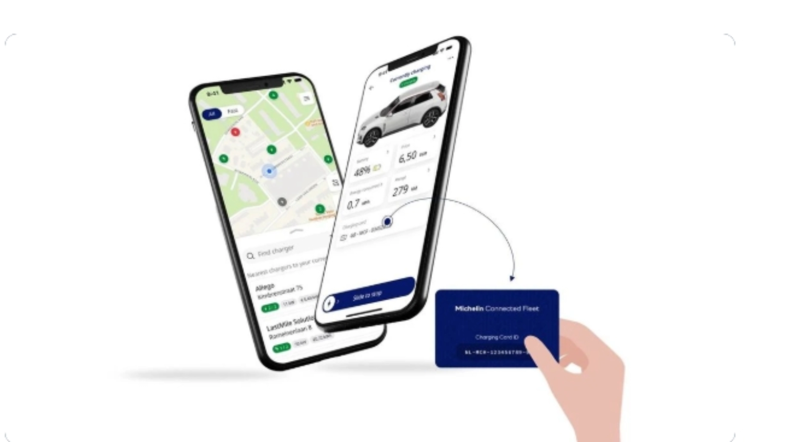 Two smartphones showing a map and vehicle details, with a hand holding a blue card.