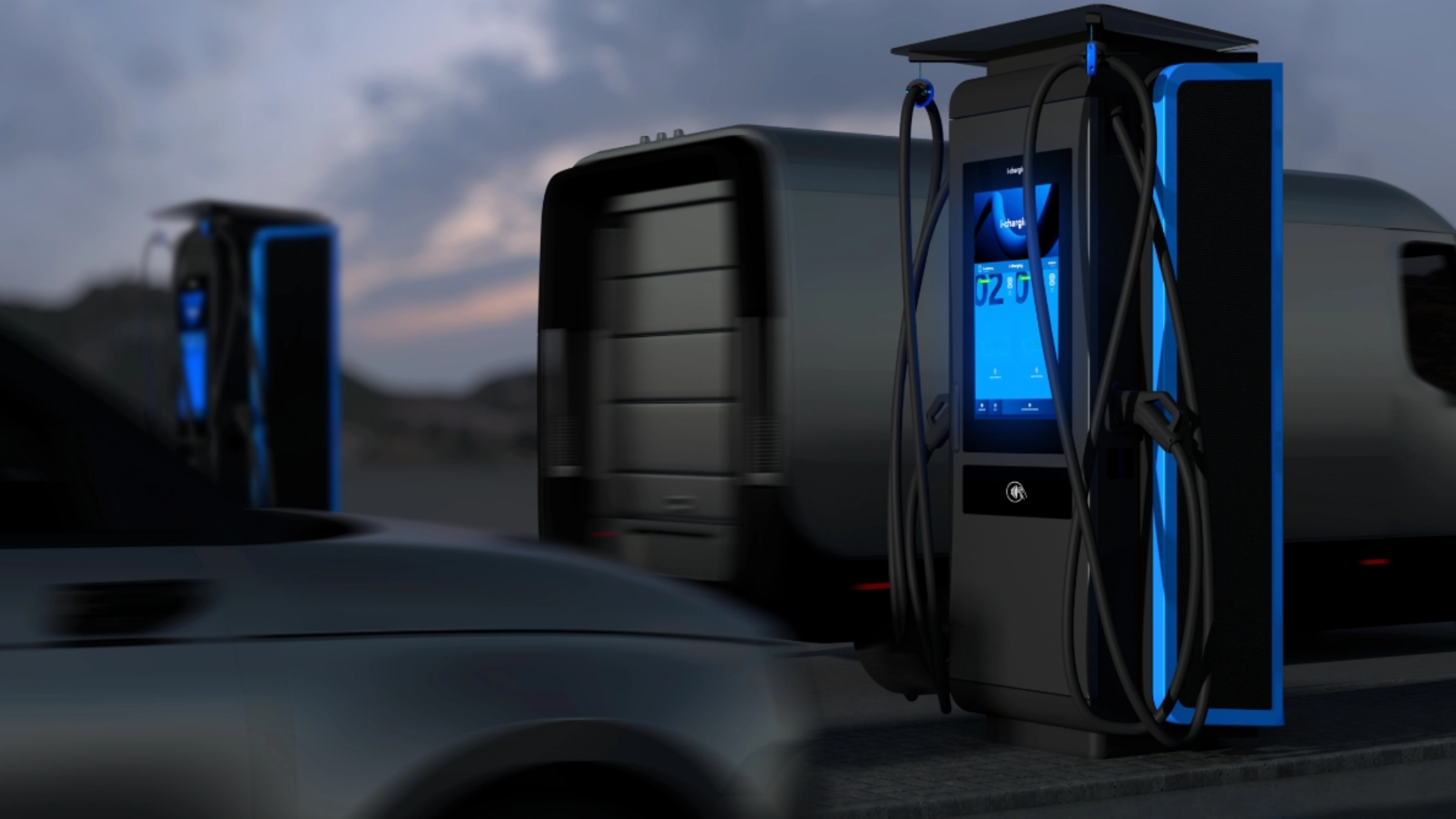 Electric vehicle charging station by roadside with passing vehicles.
