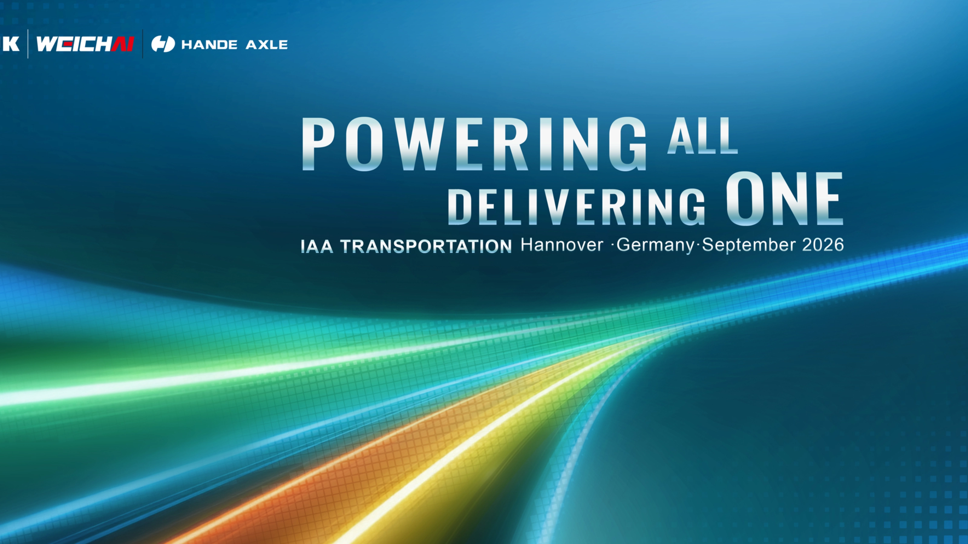 IAA Transportation 2026 graphic: “Powering All, Delivering One” with SDHI, Sinotruk, Weichai and Hande Axle.