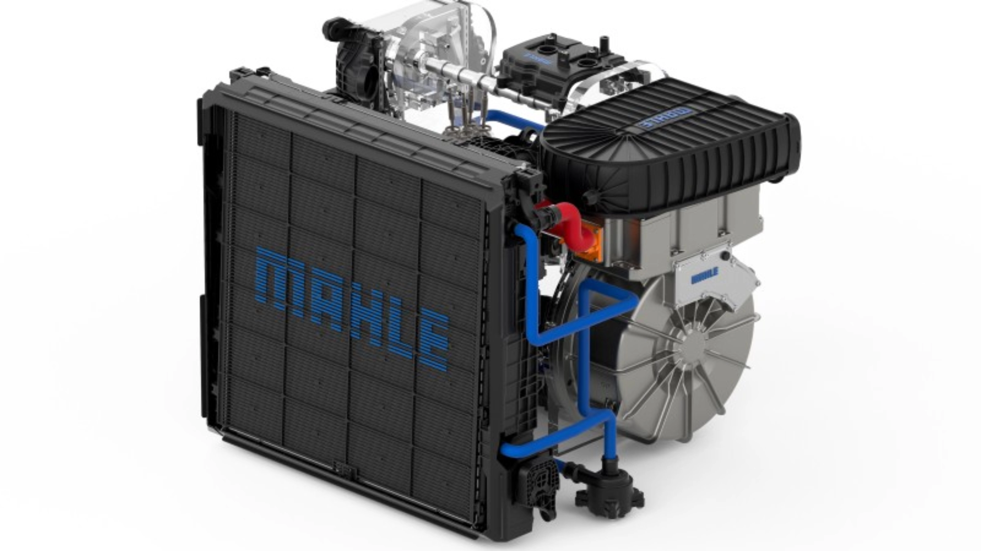 MAHLE electric drive unit with cooling module shown on a white background.
