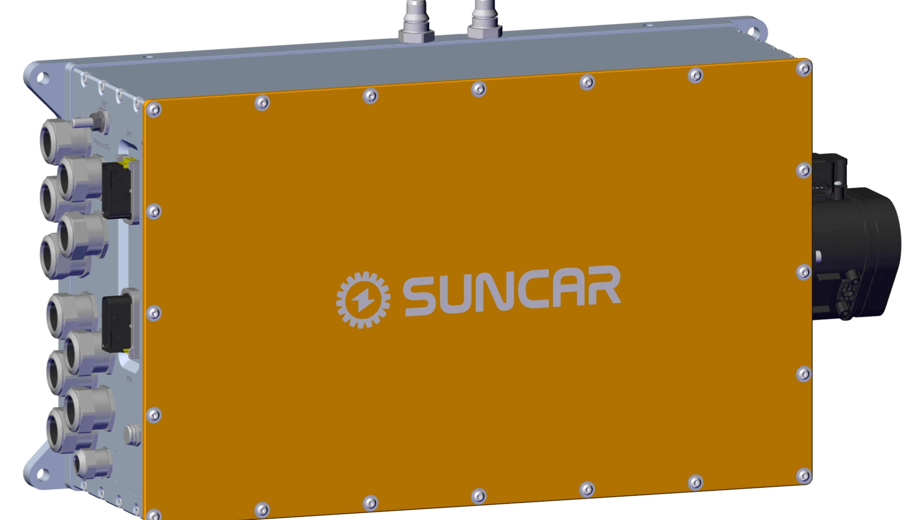Ein SUNCAR-Steuergerät mit orangefarbener Abdeckung vor weißem Hintergrund.