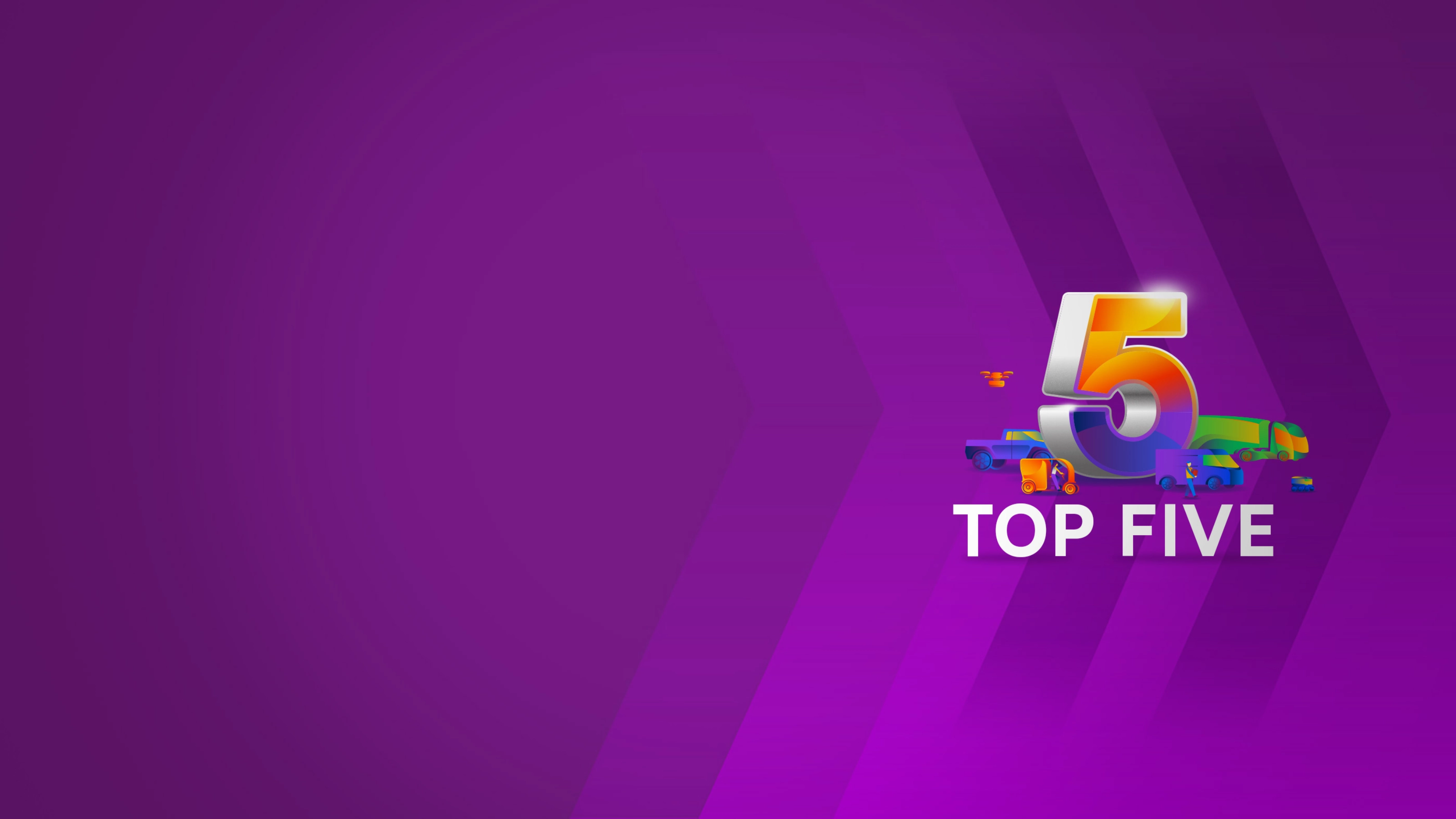 Colorful number 5 with vehicles and the text “TOP FIVE” on a purple background.