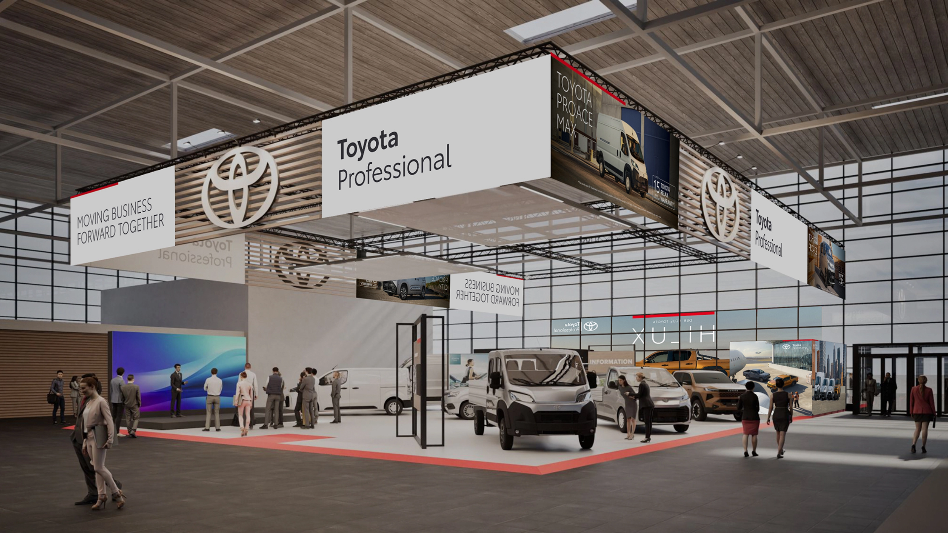 Toyota Professional exhibition stand with commercial vehicles and visitors at a trade fair.