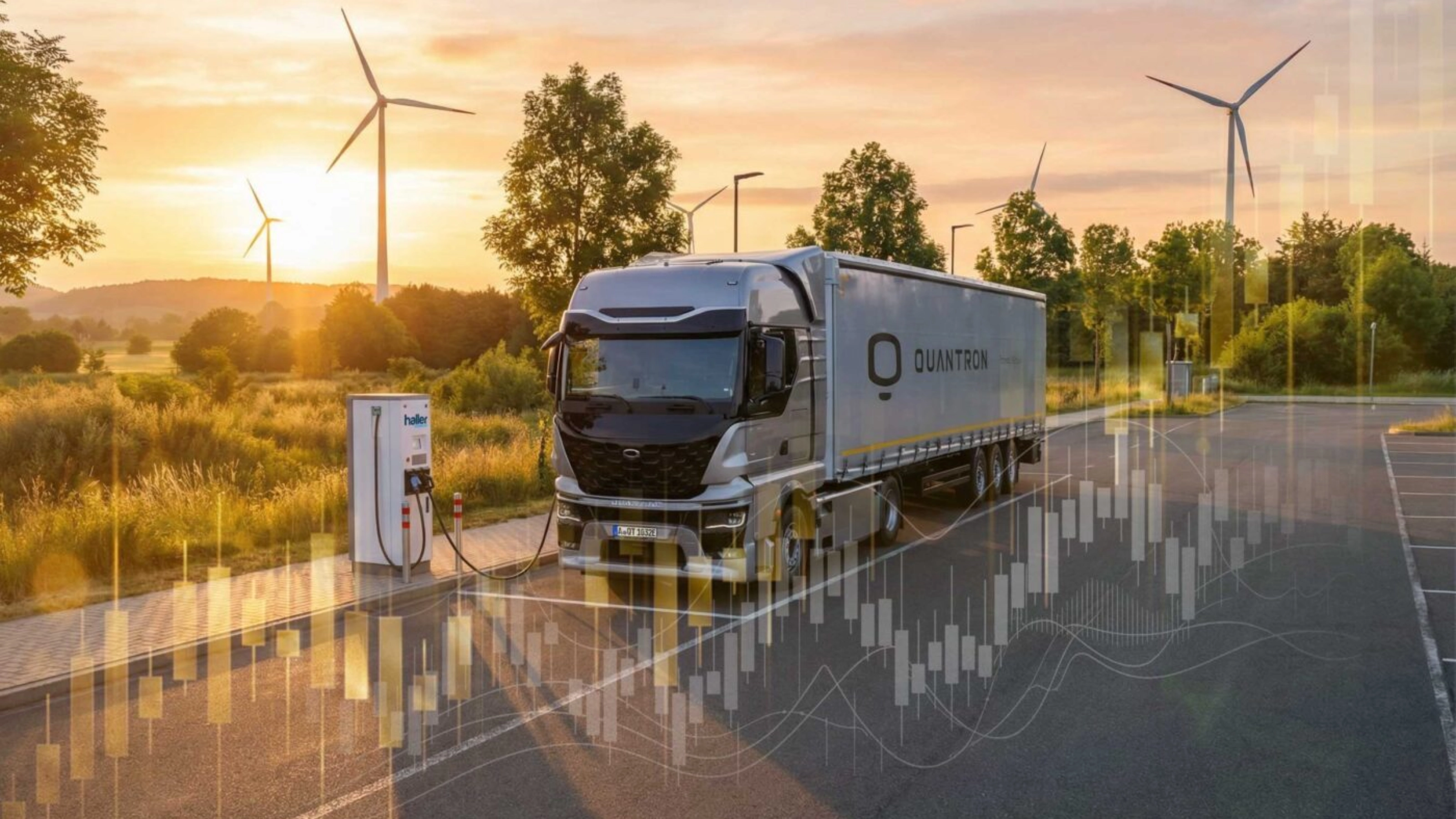 Quantron electric truck at a charging station with wind turbines and financial charts.