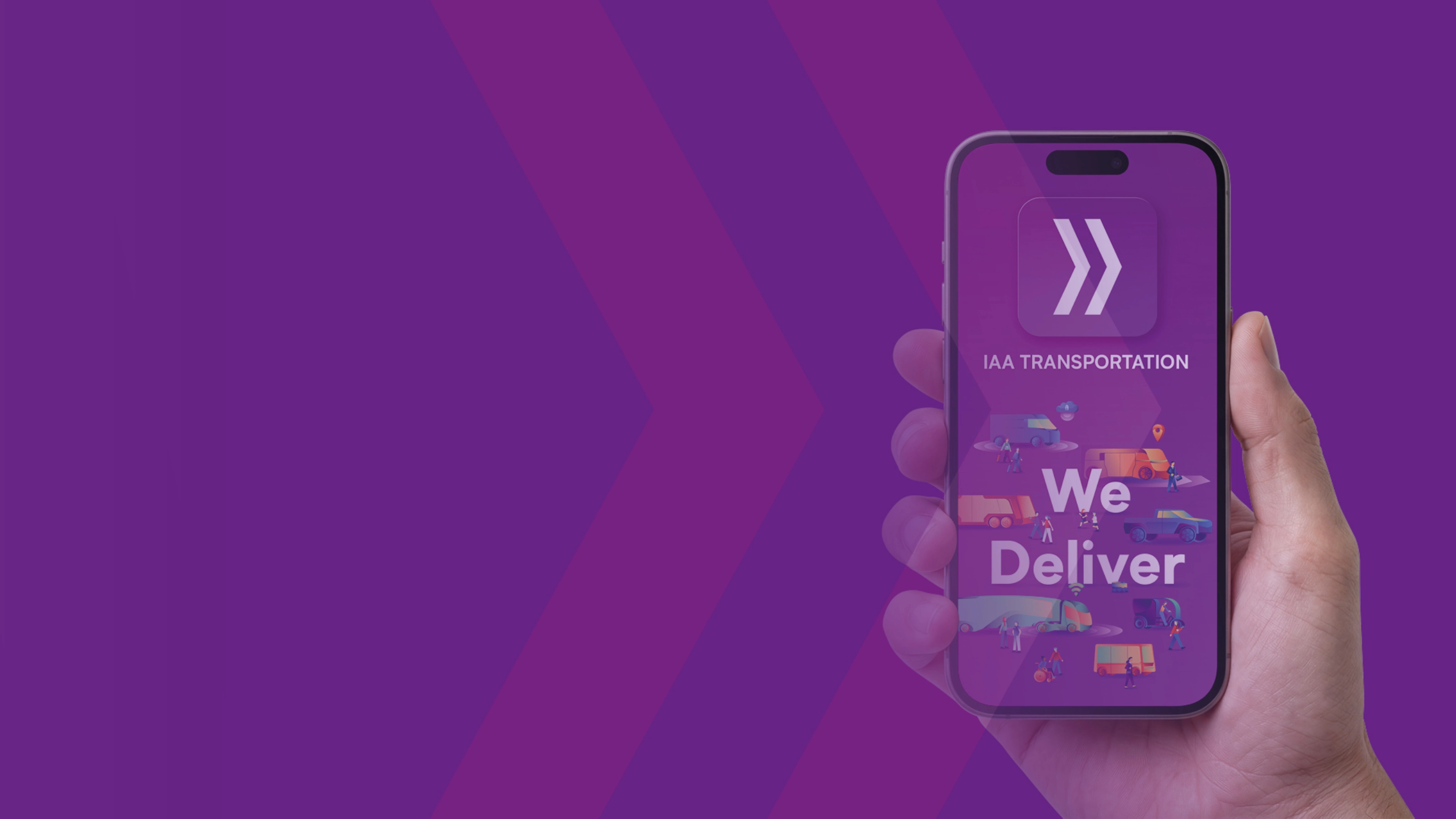 Eine Person hält ein Smartphone mit einer bunten App-Oberfläche und dem Text IAA.