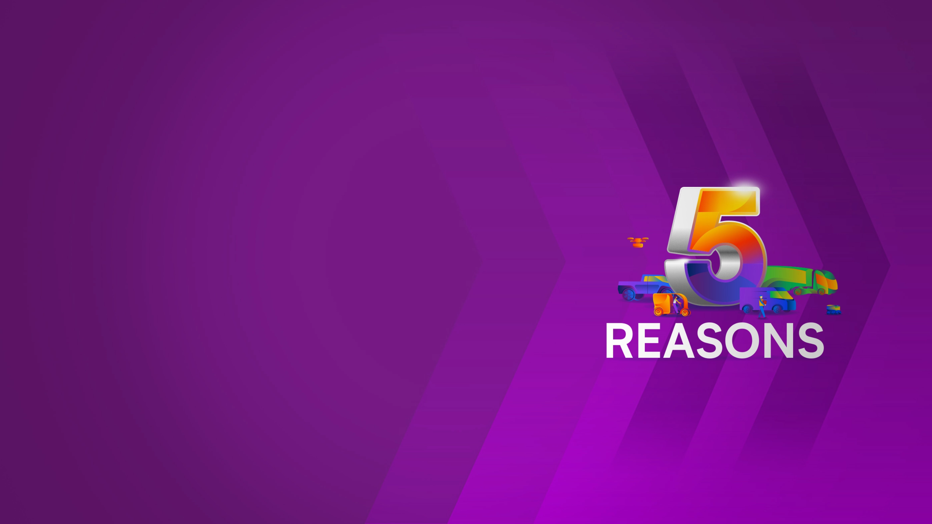 Große Zahl 5 mit Fahrzeugen und dem Wort Reasons auf lila Hintergrund