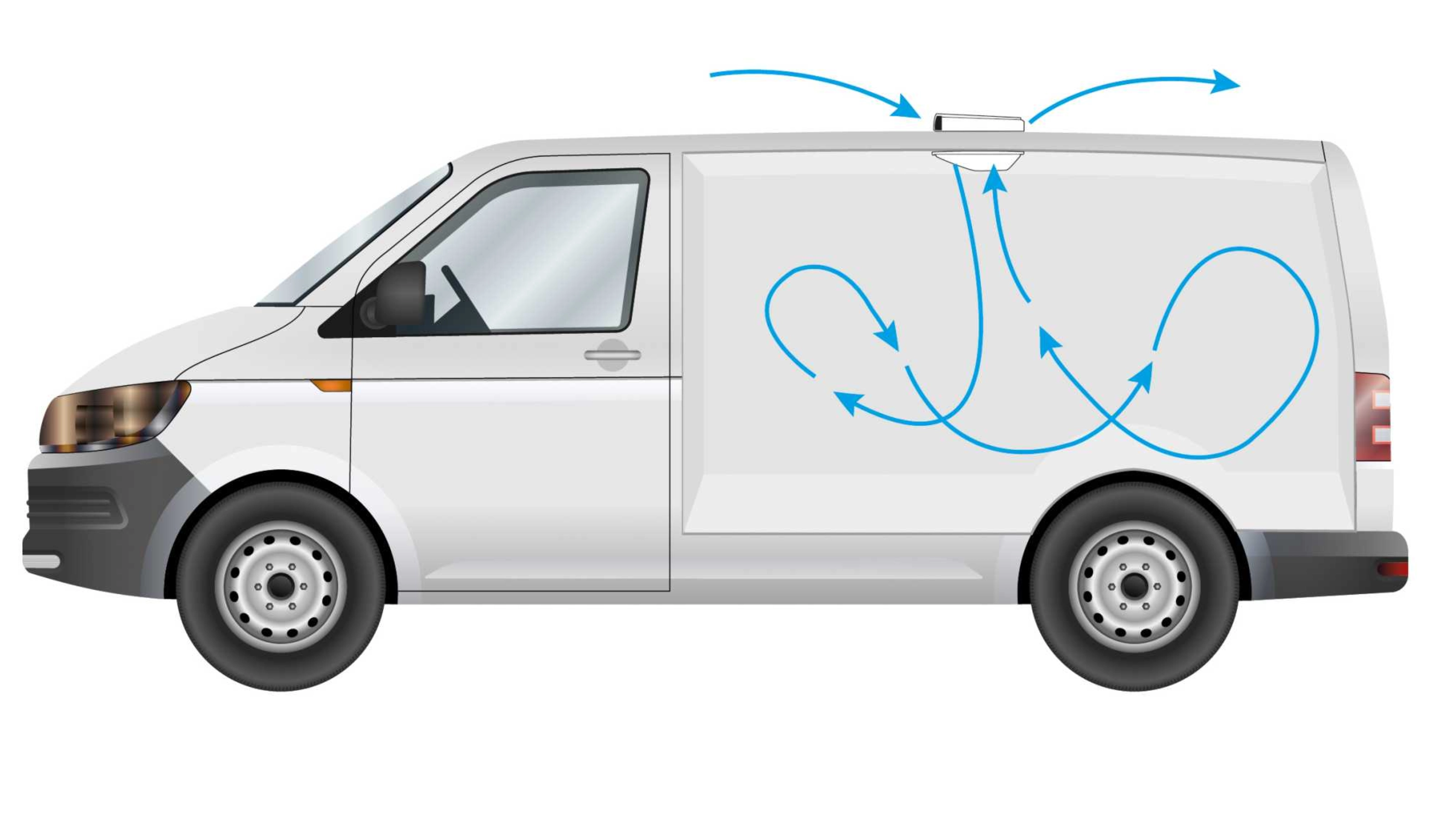 Side view of the front section of a white delivery van.