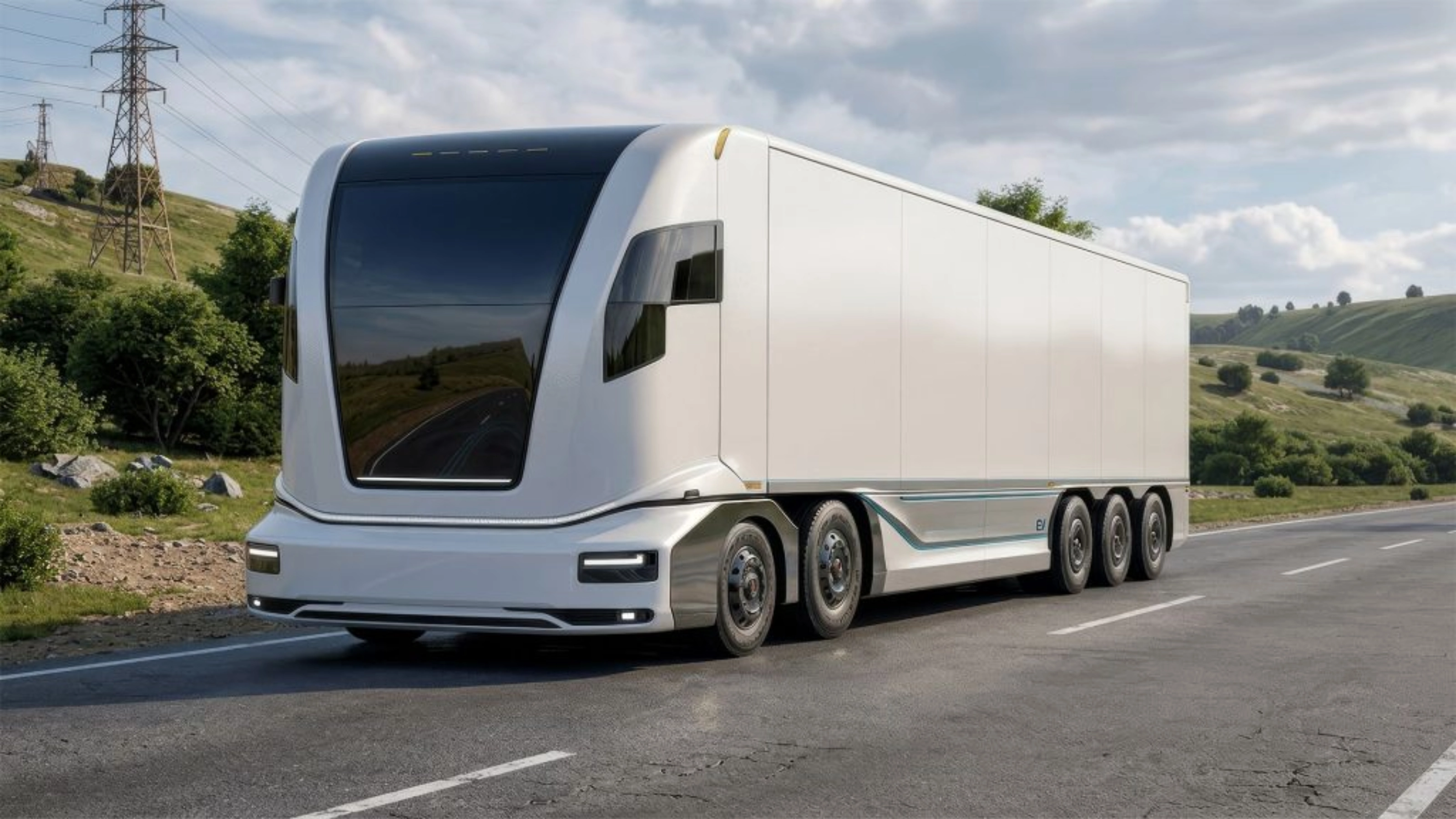 Futuristic electric semi-truck driving on a rural road.