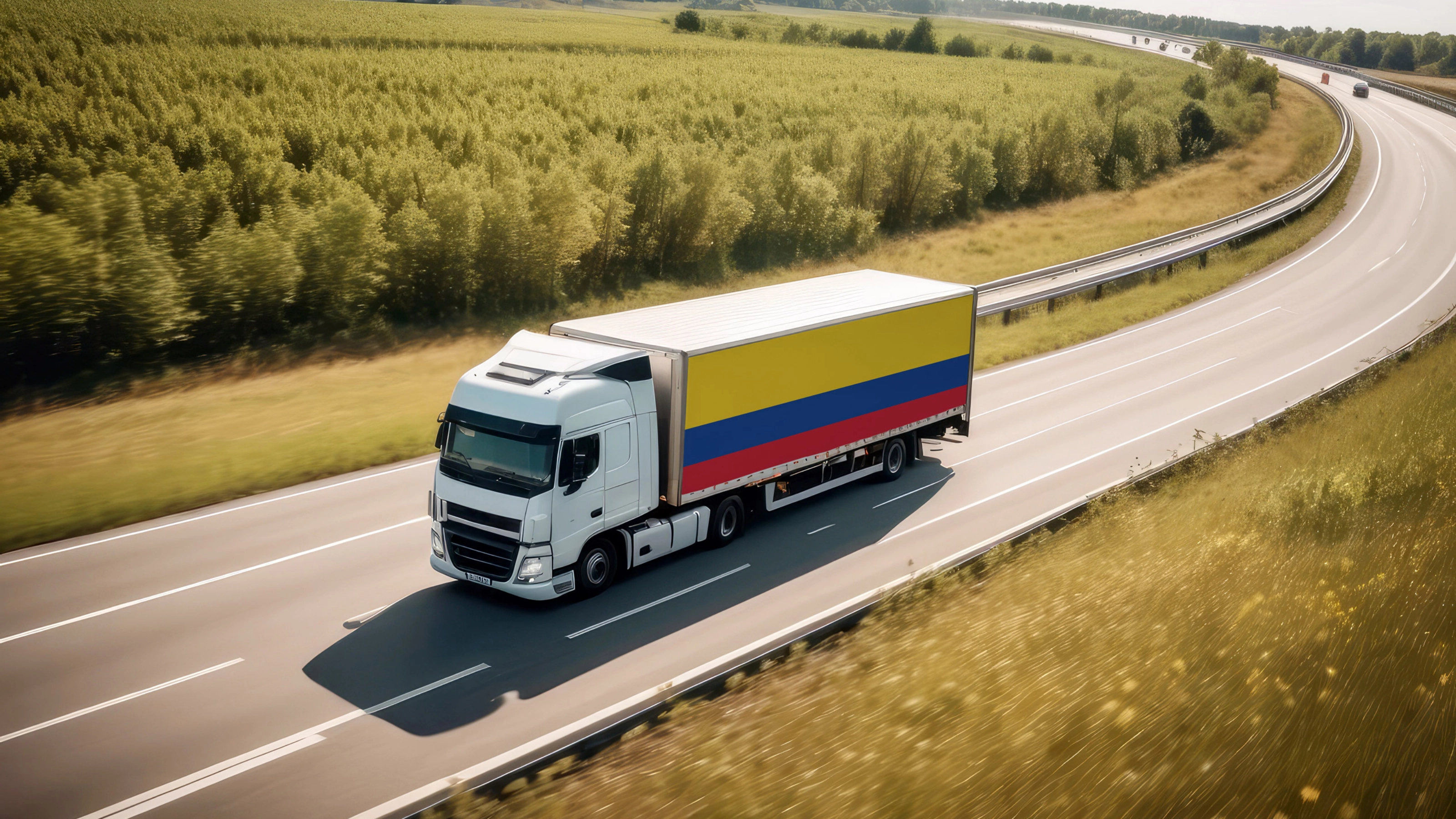 Lastwagen fährt auf einer Autobahn durch eine ländliche Landschaft.