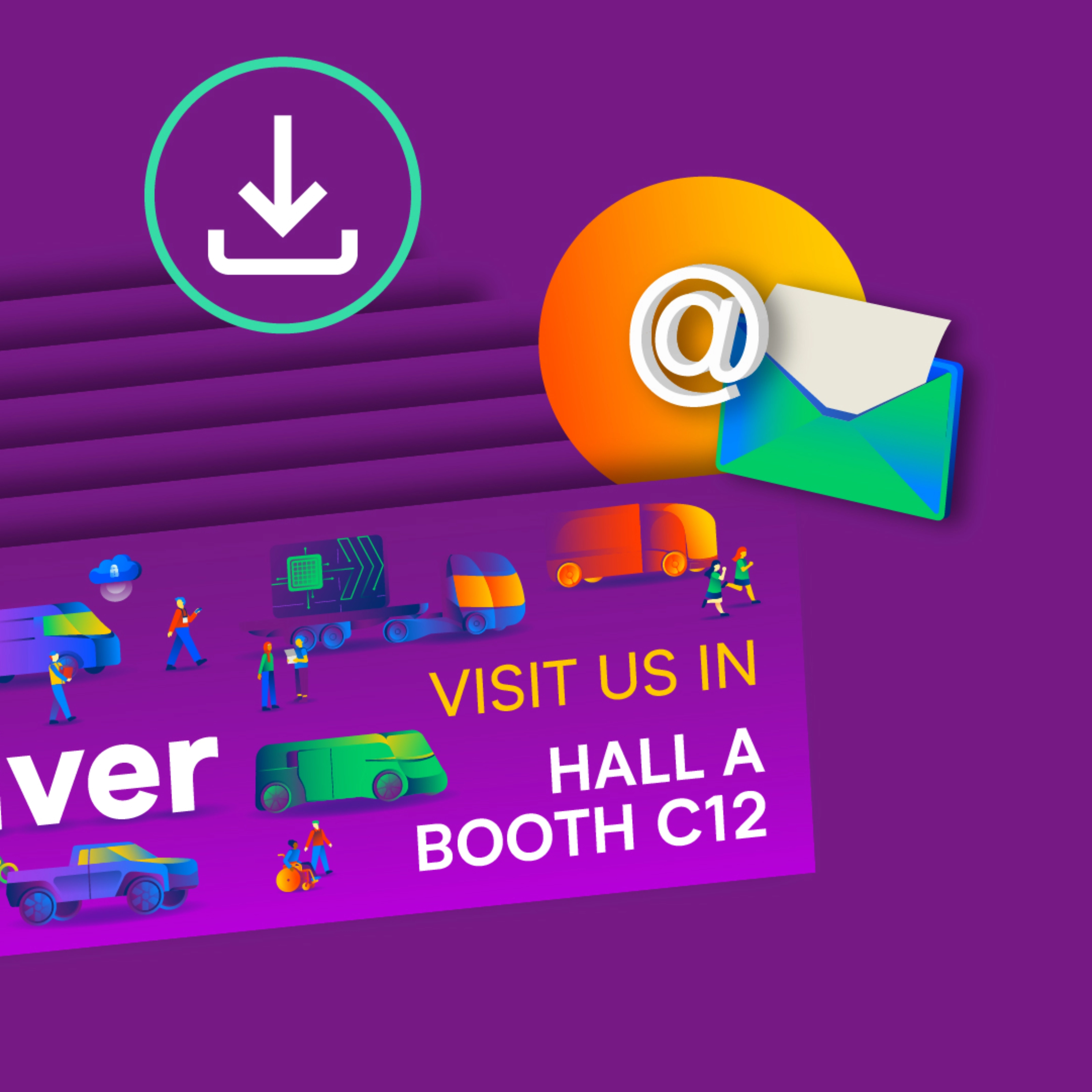 Trade fair banner with delivery vehicles and invitation to visit Hall A, Booth C12.