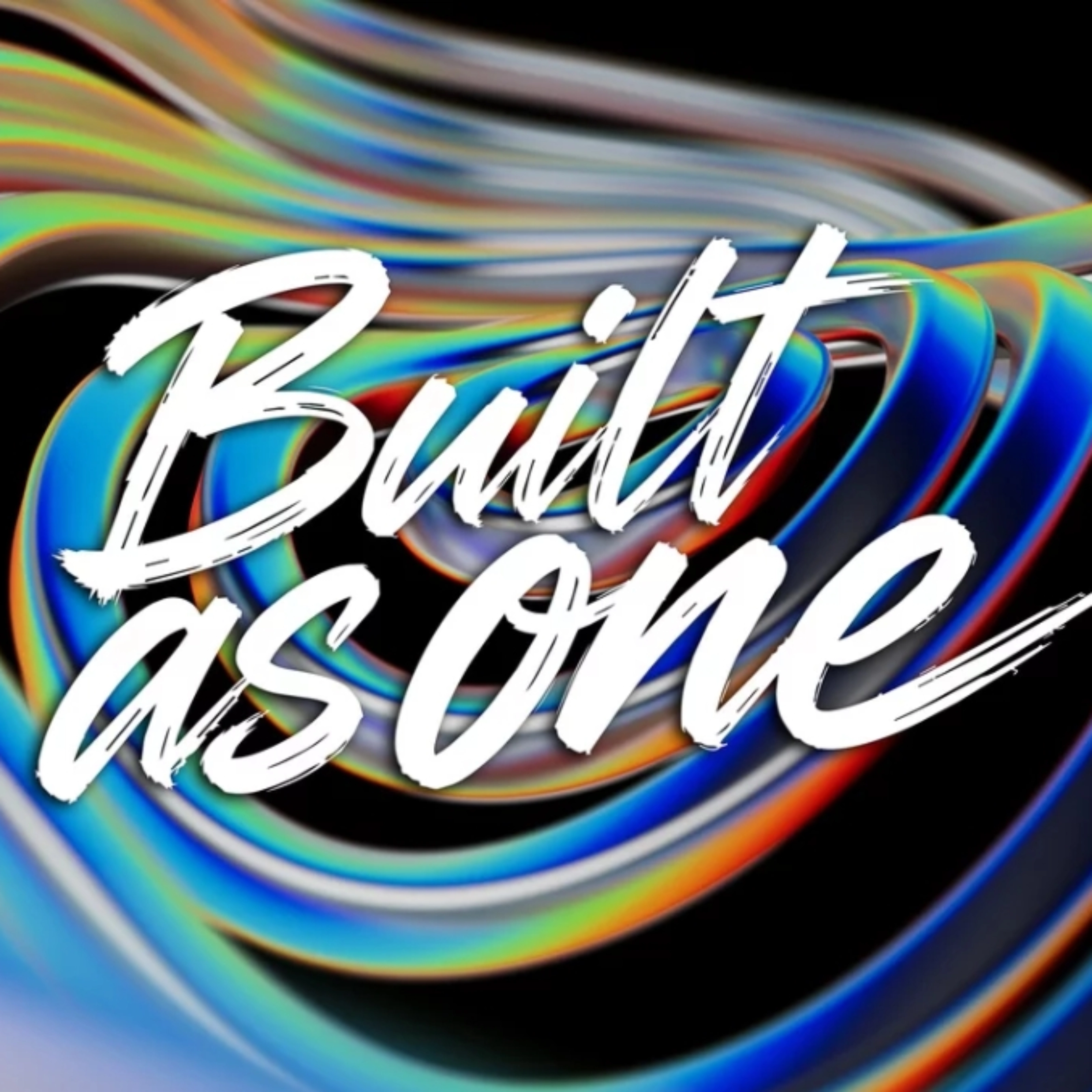 Stylized “Built as one” lettering over abstract flowing ribbon shapes on a dark background.