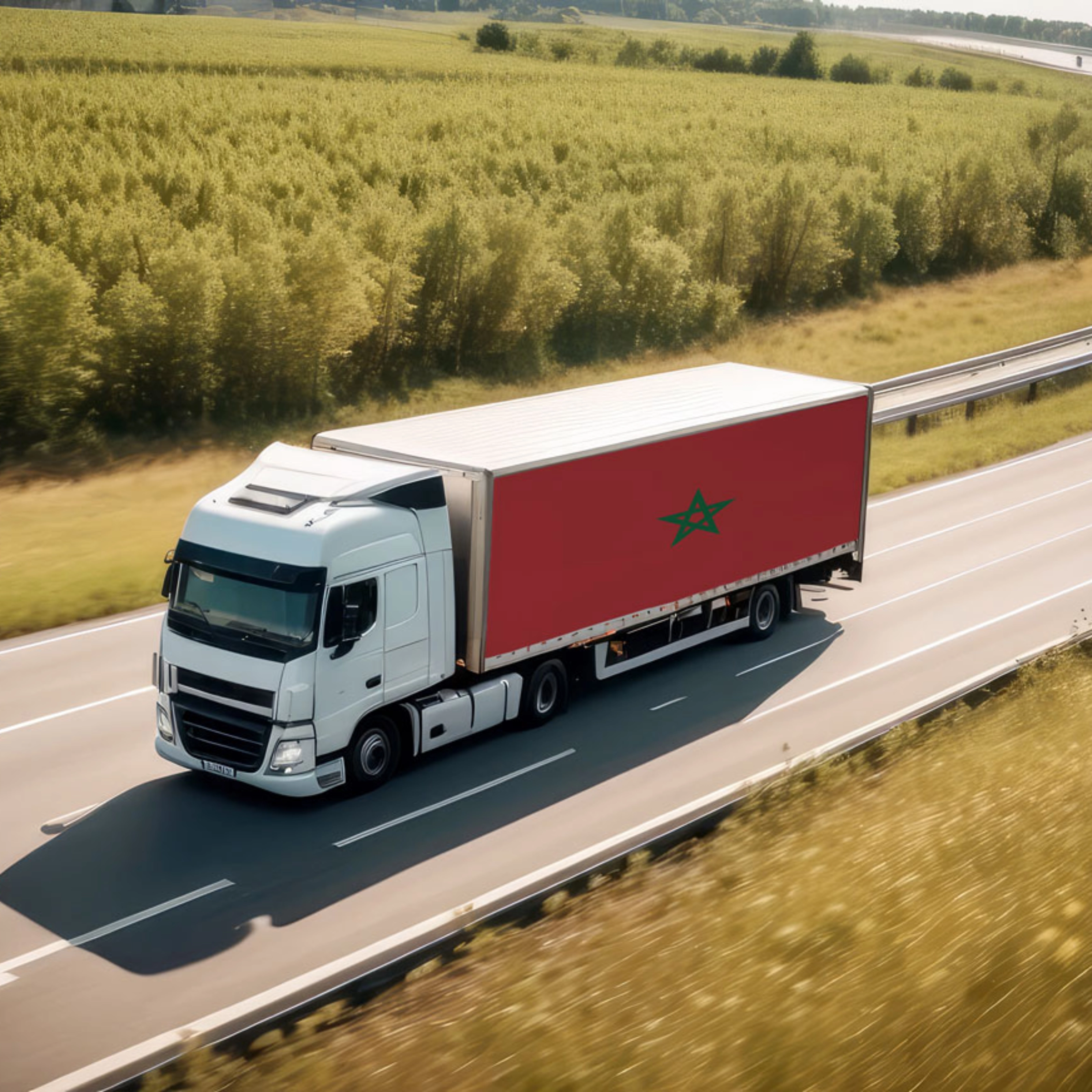White truck with red trailer driving on a highway through open countryside.