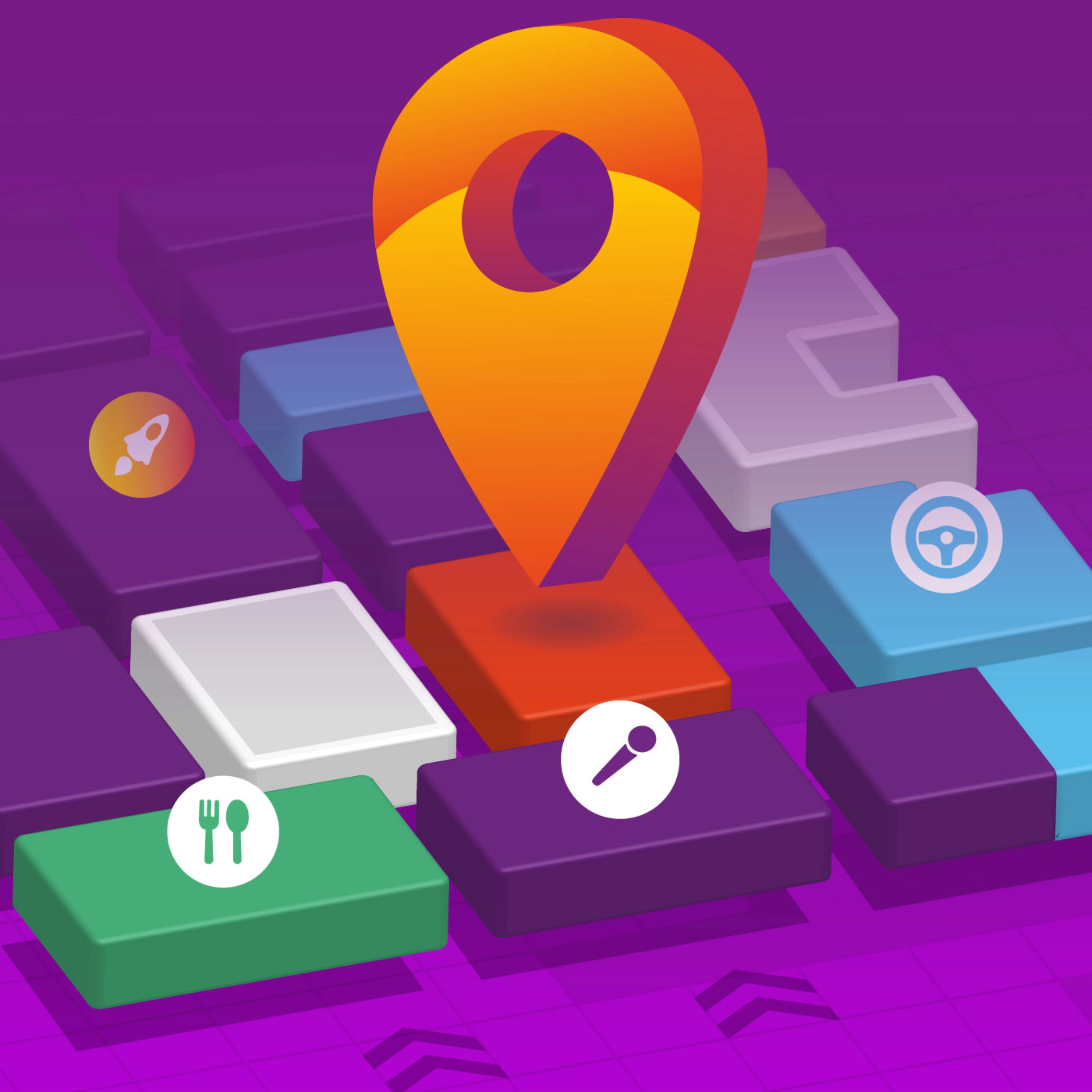 Standort-Pin auf stilisierter Karte mit Symbolen für Essen, Events und Mobilität.