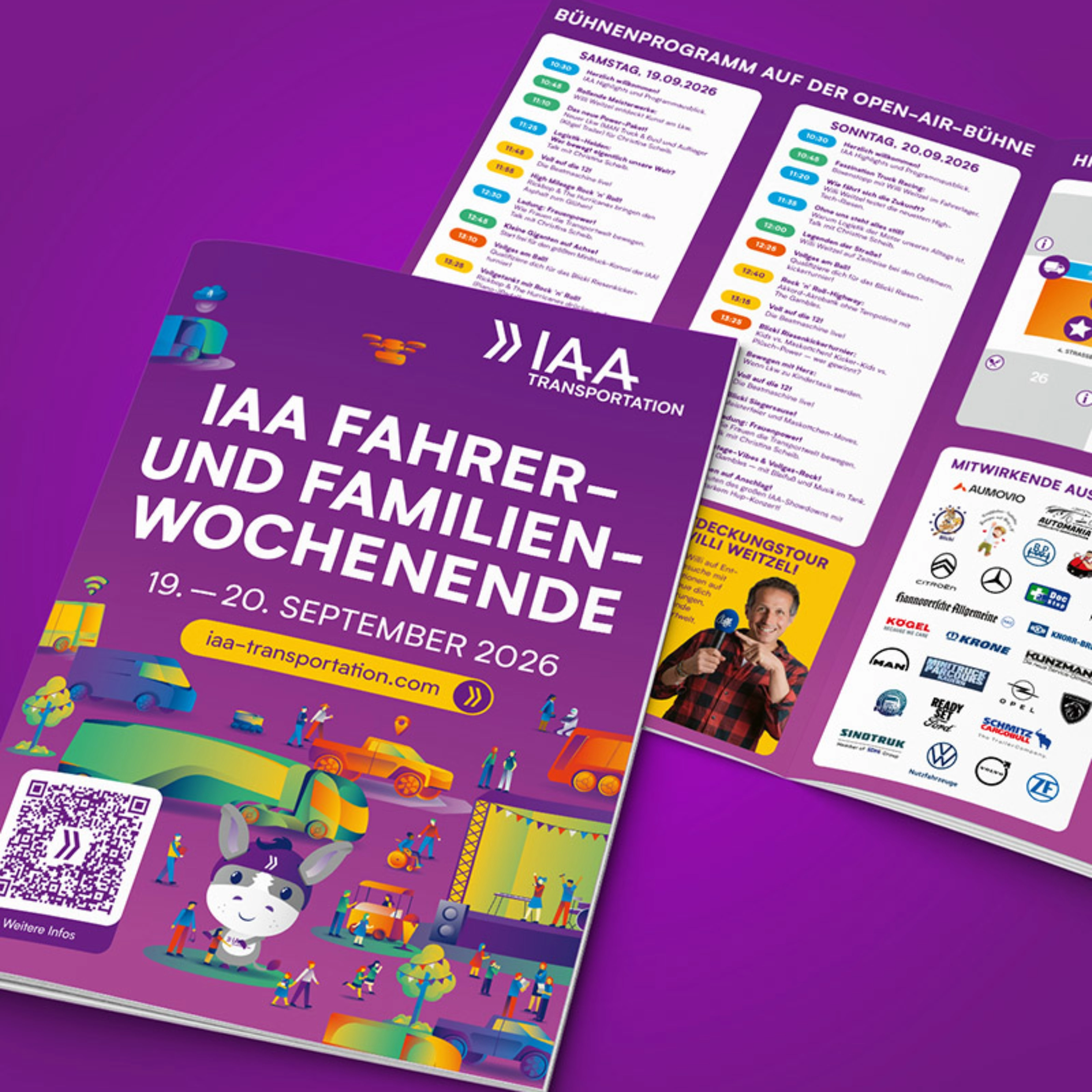 Flyer zum IAA Transportation Familienwochenende mit Terminen, Programm und Aktionen.