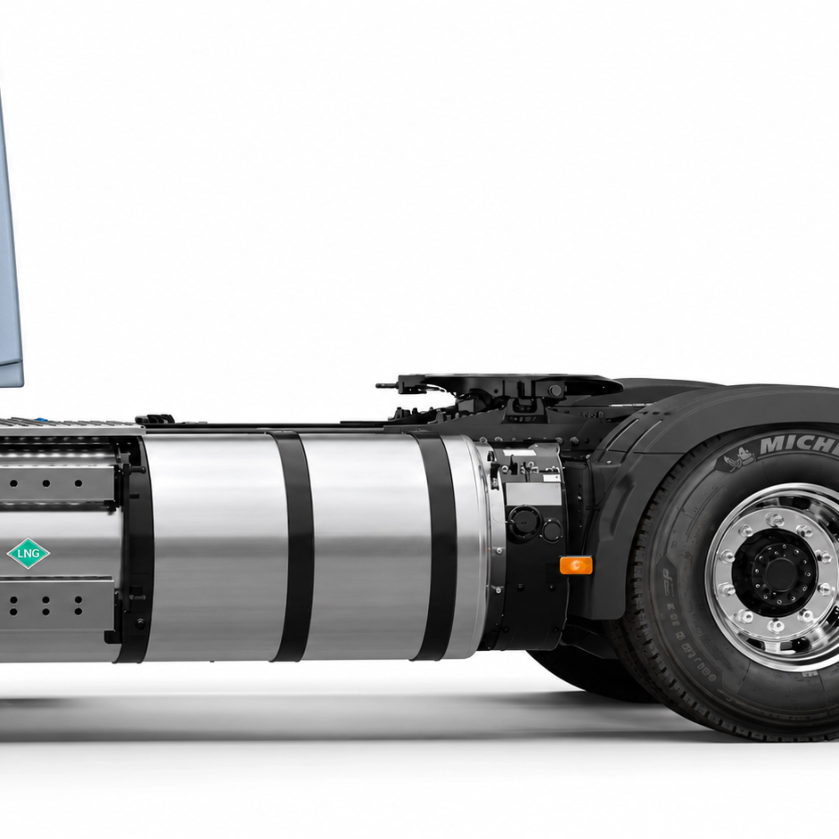 Side view of a truck chassis with a large LNG fuel tank.