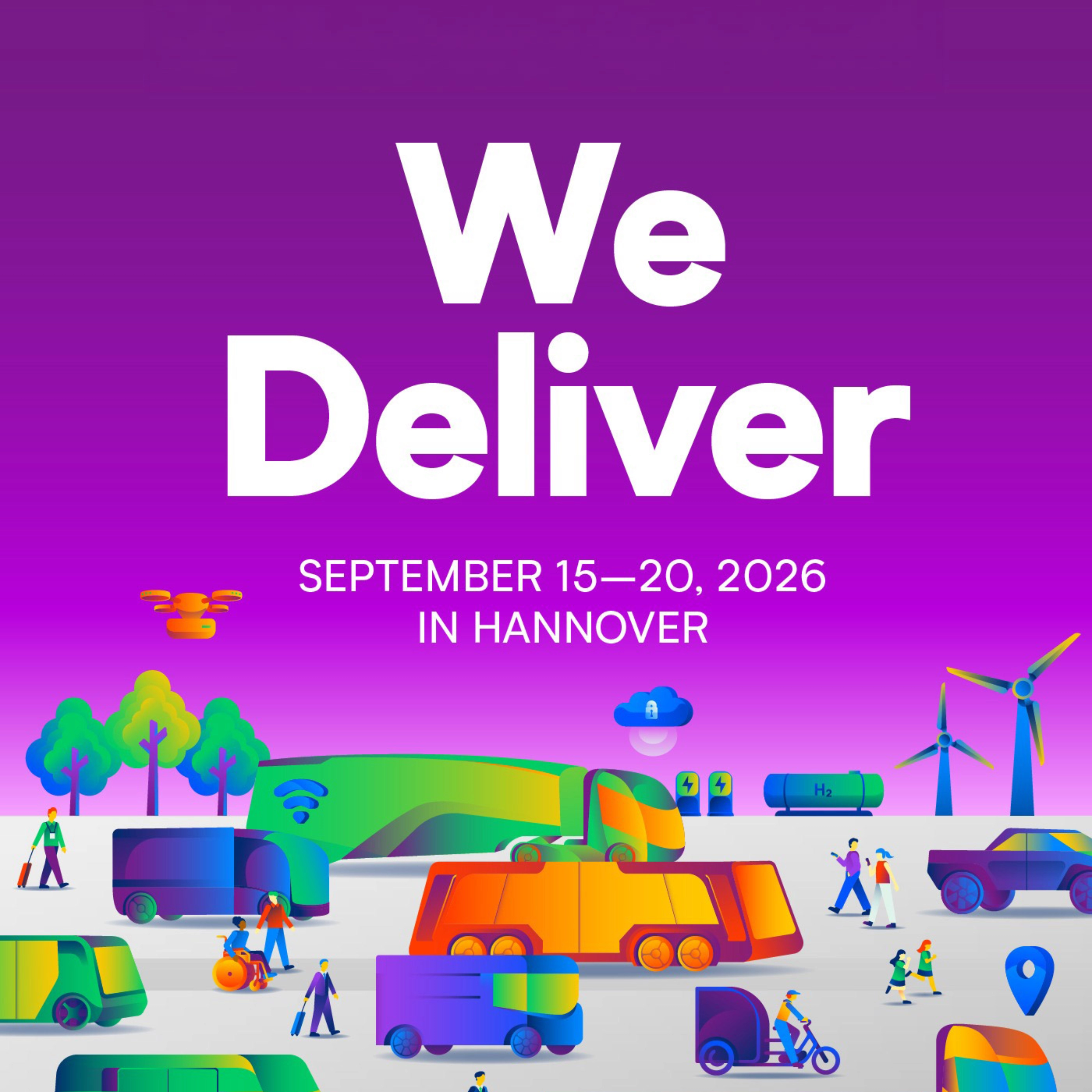 IAA TRANSPORTATION 2026 in Hannover mit Slogan We Deliver und Verkehrssymbolen.