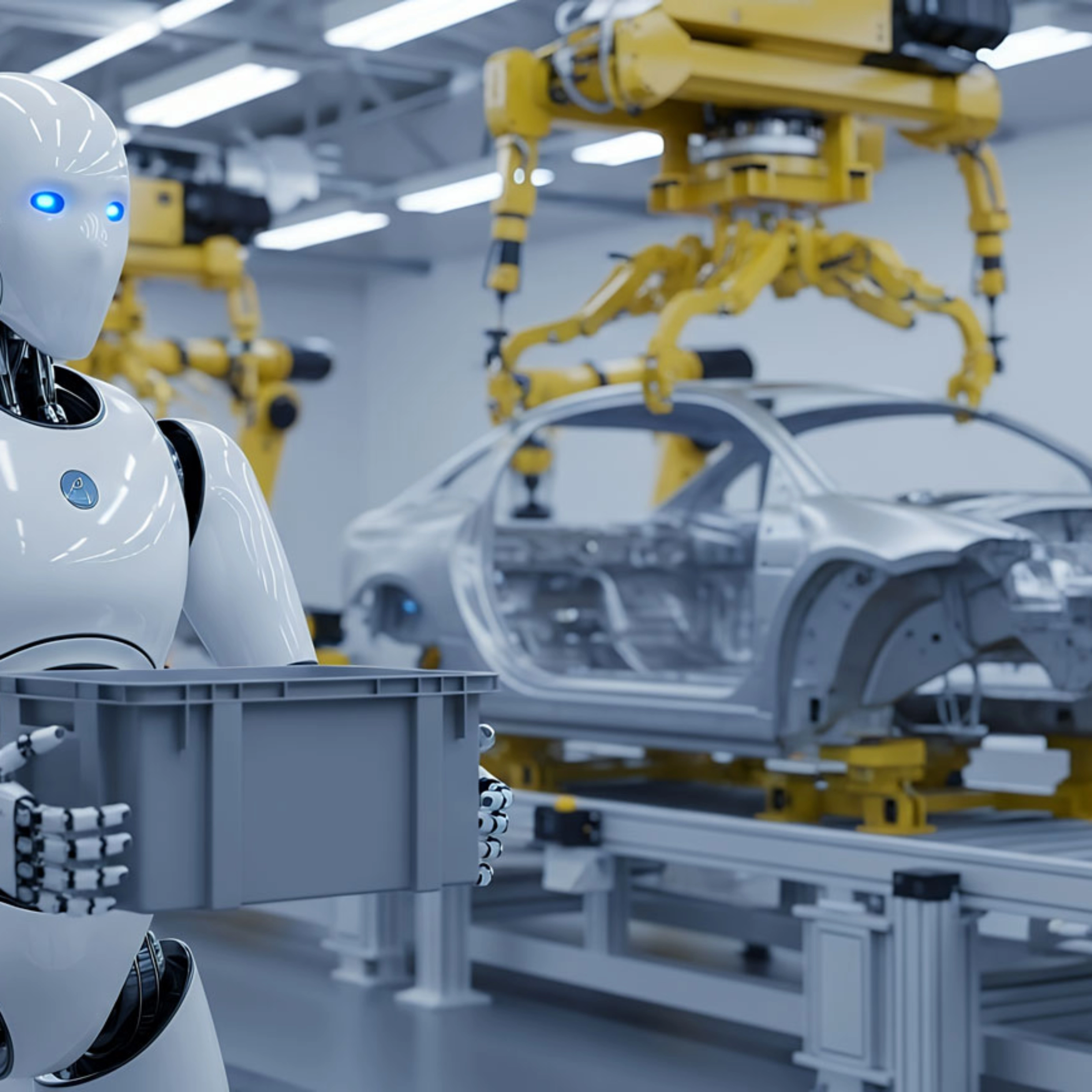 Humanoid robot works on a car body in an automated factory.