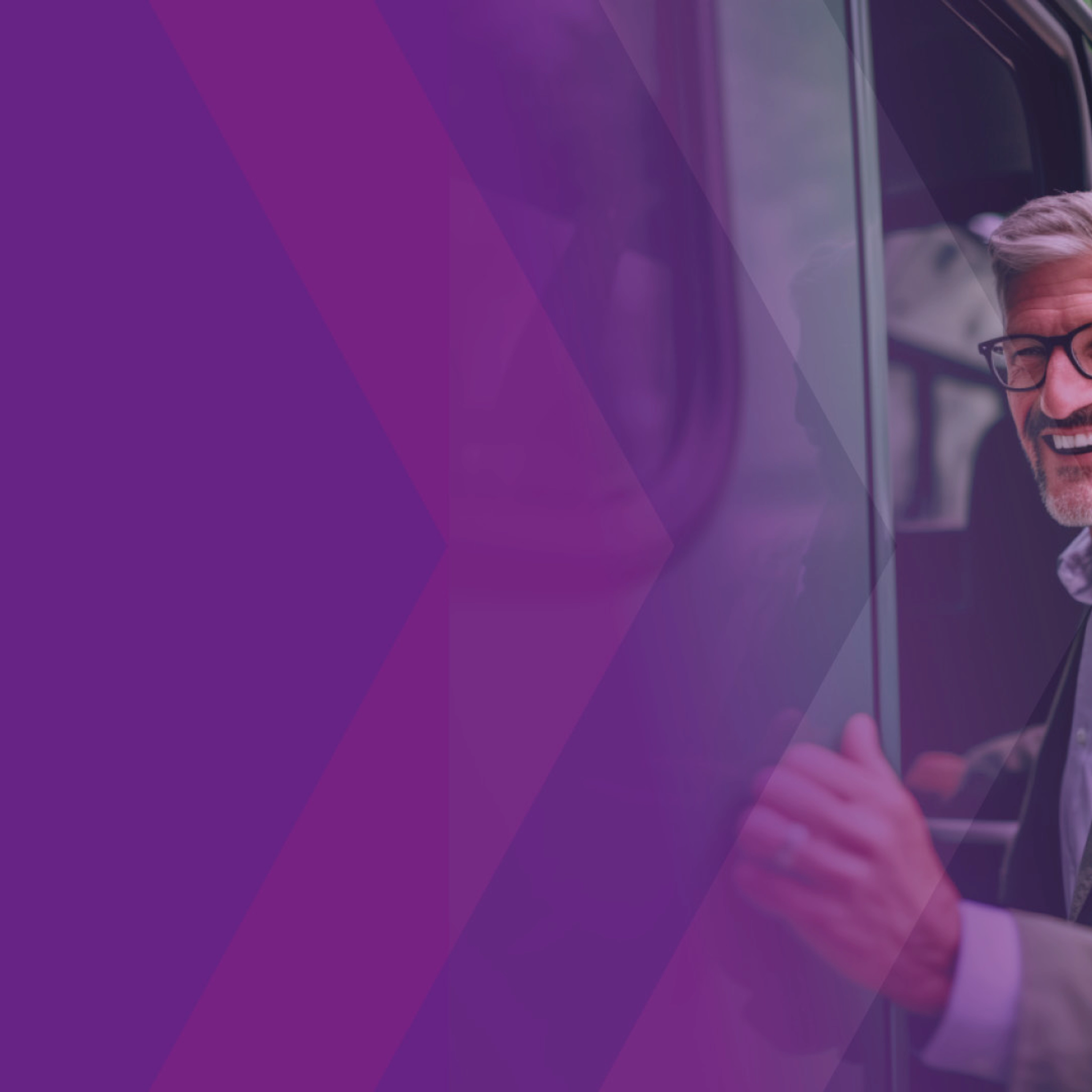Smiling man boarding a bus, purple overlay on the left.