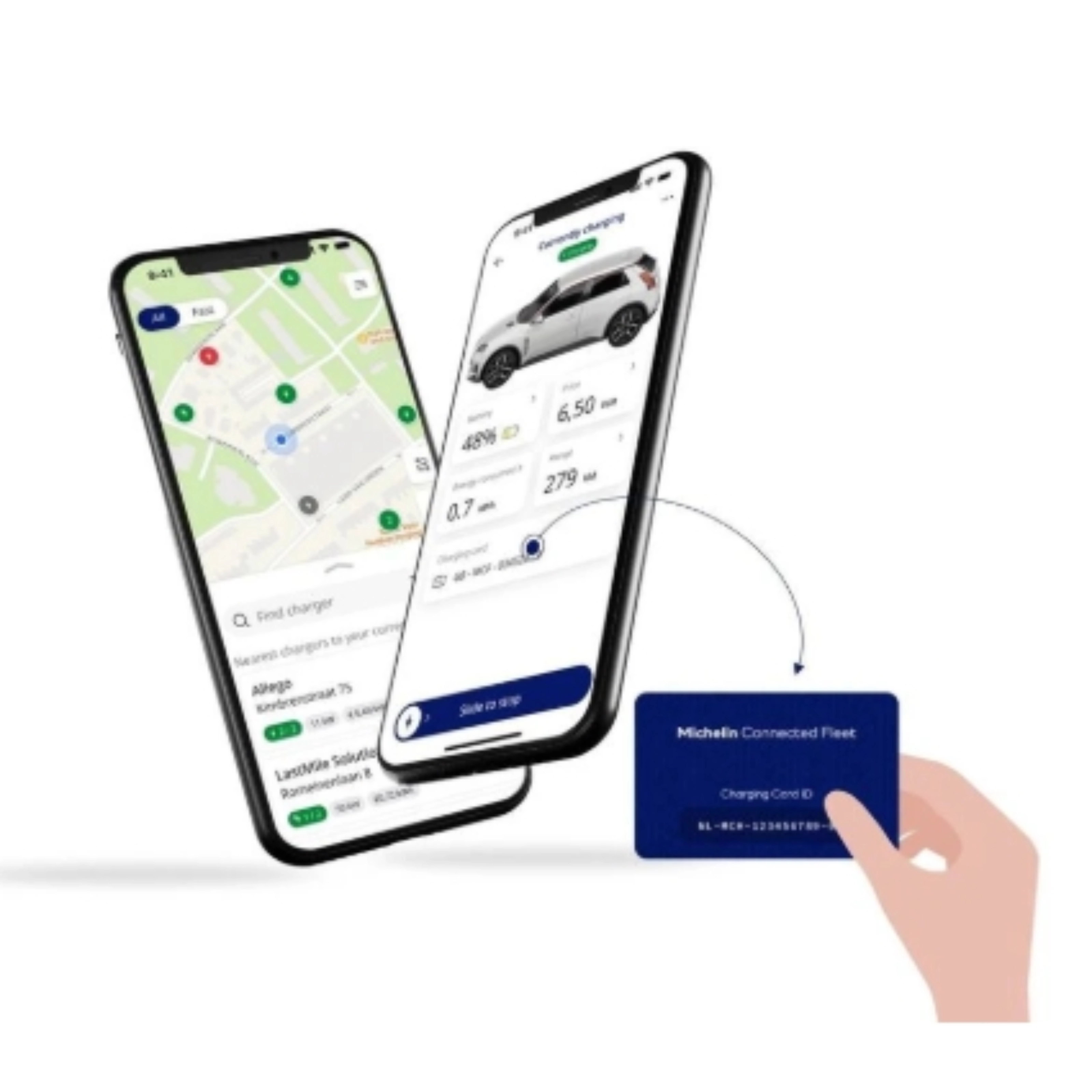 Two smartphones showing a map and vehicle details, with a hand holding a blue card.