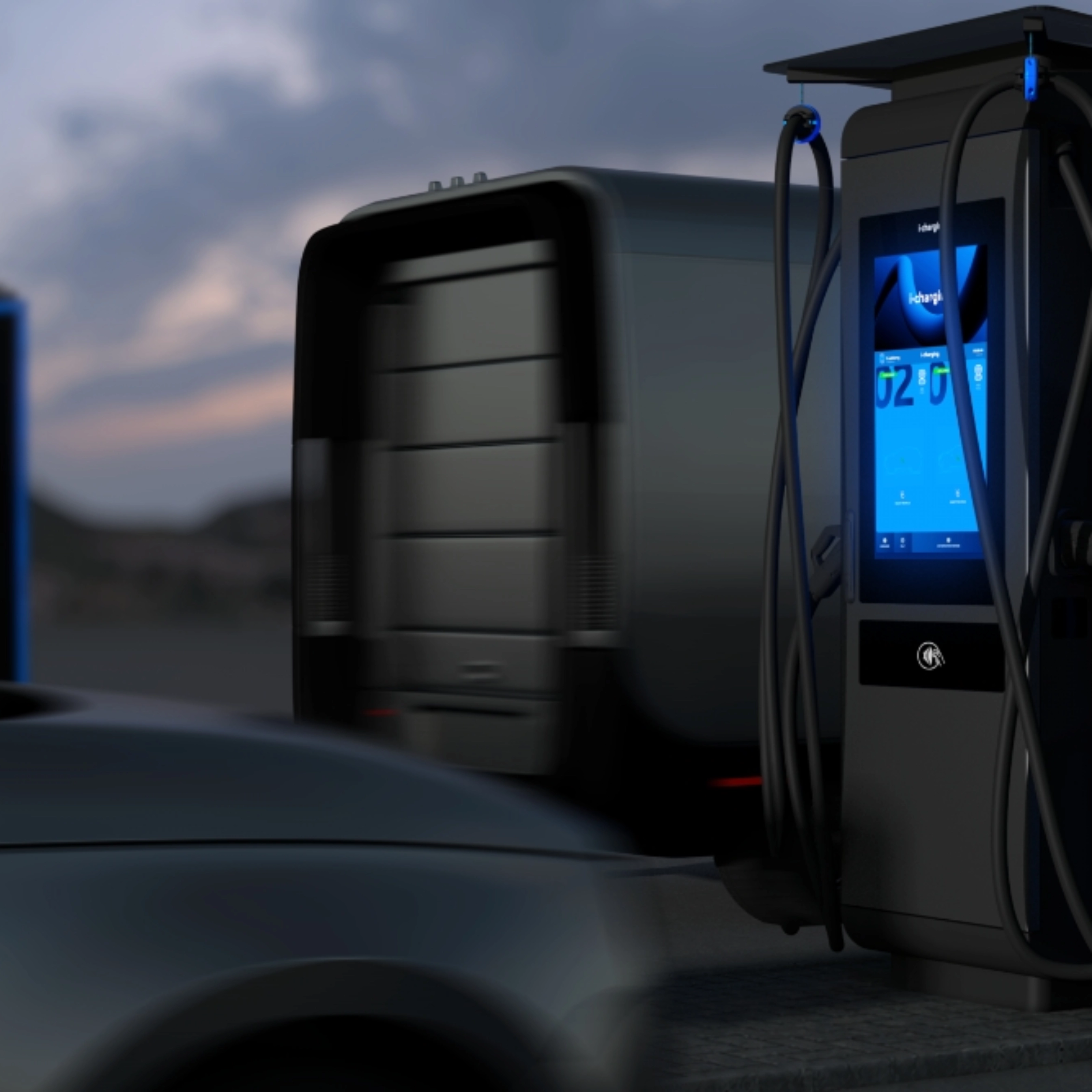 Electric vehicle charging station by roadside with passing vehicles.