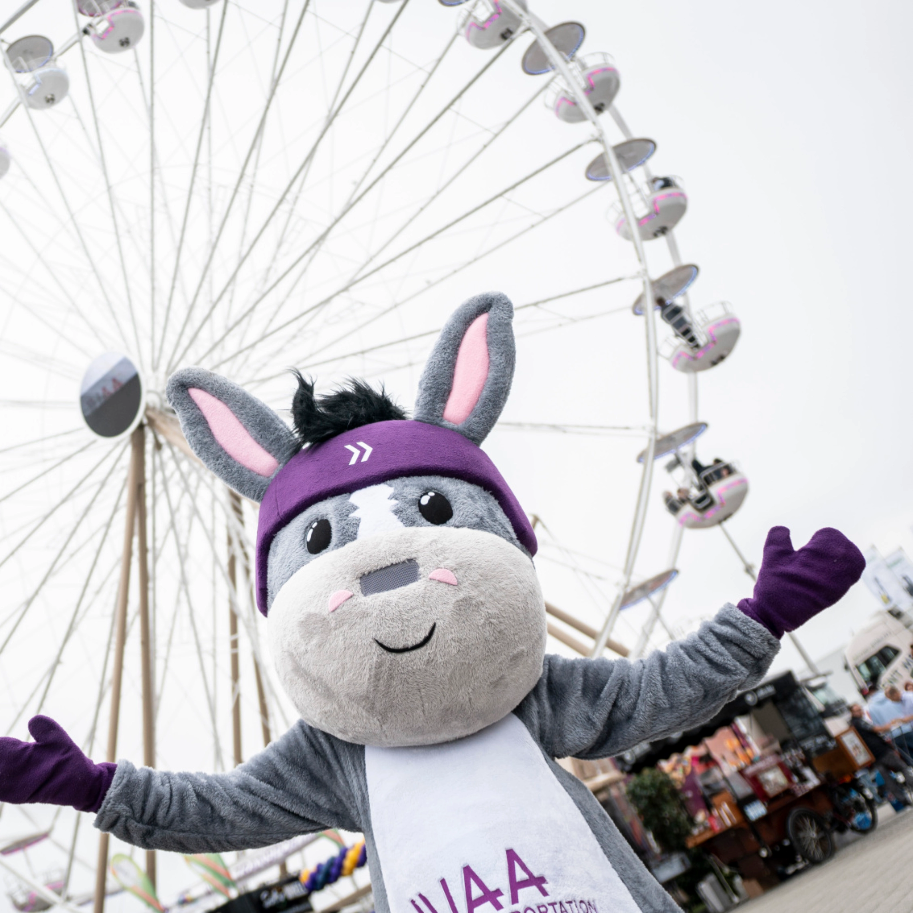 A donkey mascot poses in front of a large Ferris wheel at an outdoor event.