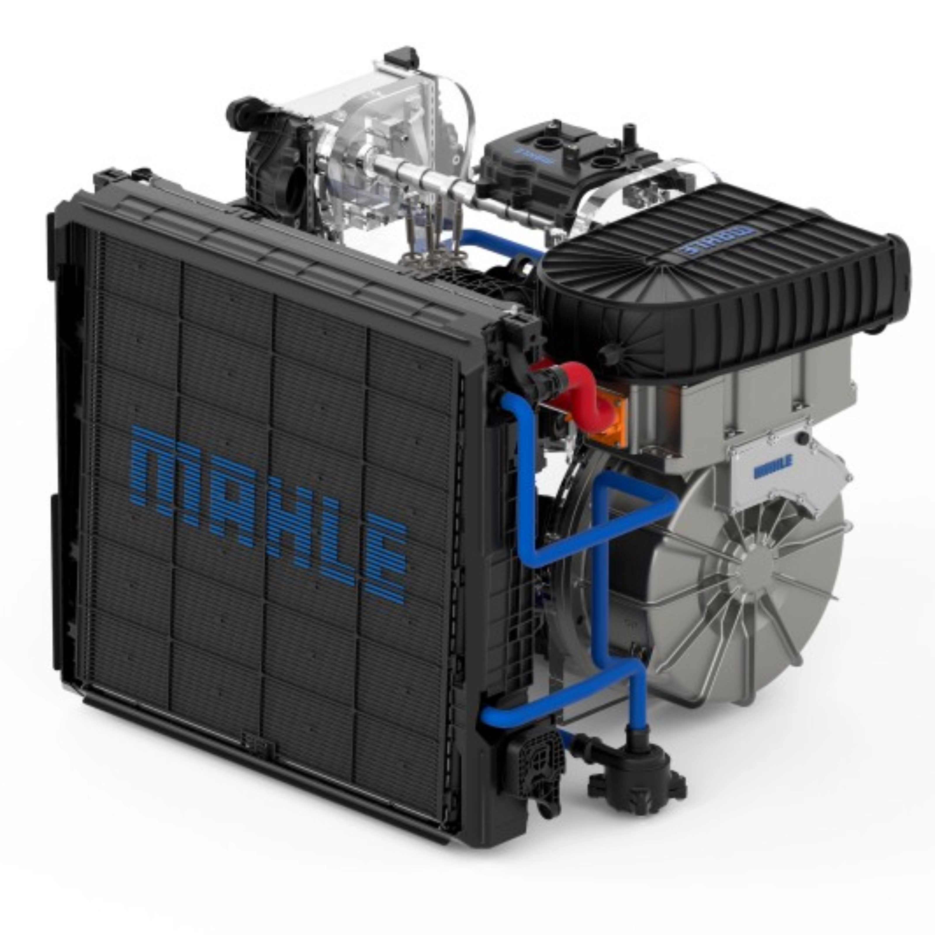 MAHLE electric drive unit with cooling module shown on a white background.