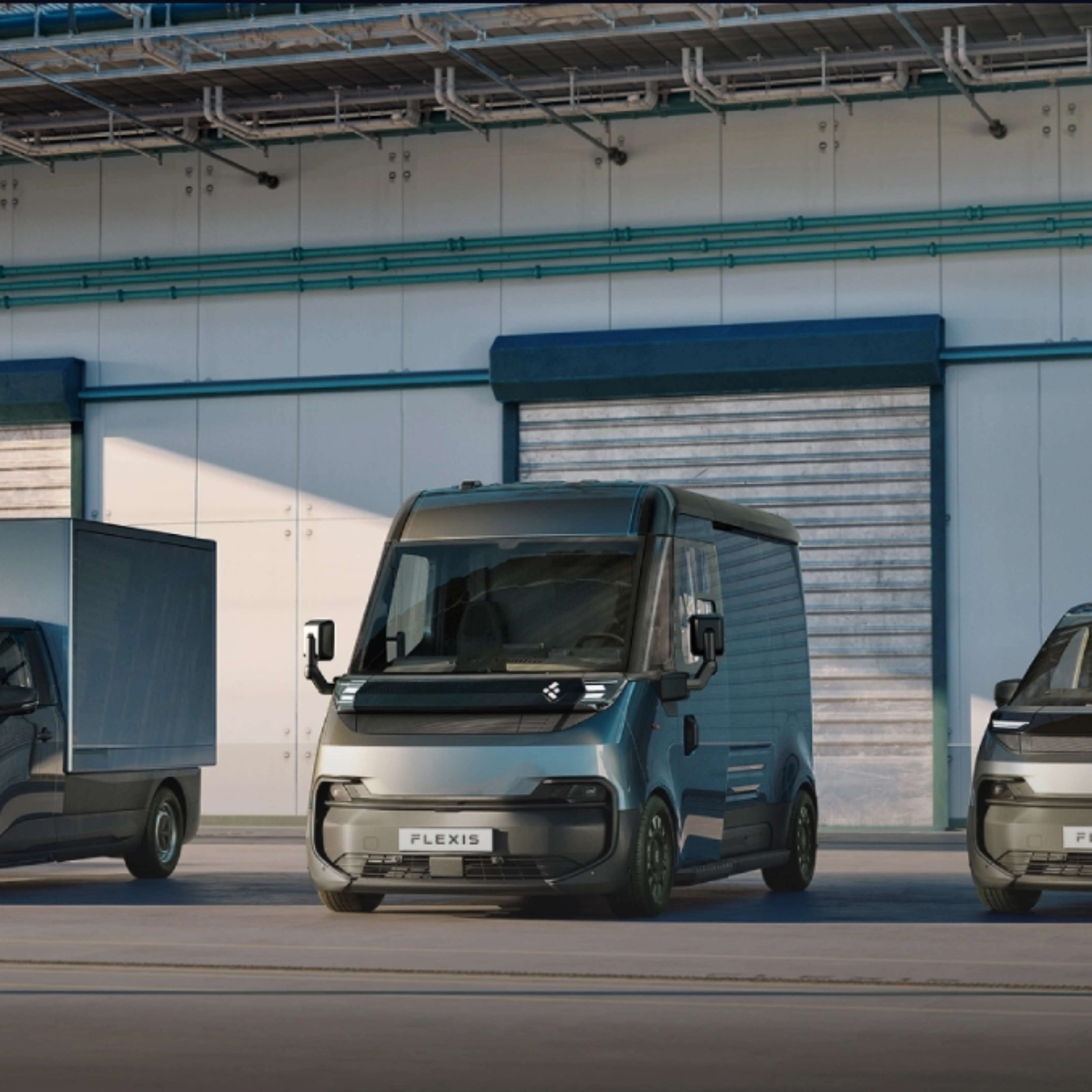 Three FLEXIS electric delivery vans parked in front of a warehouse.
