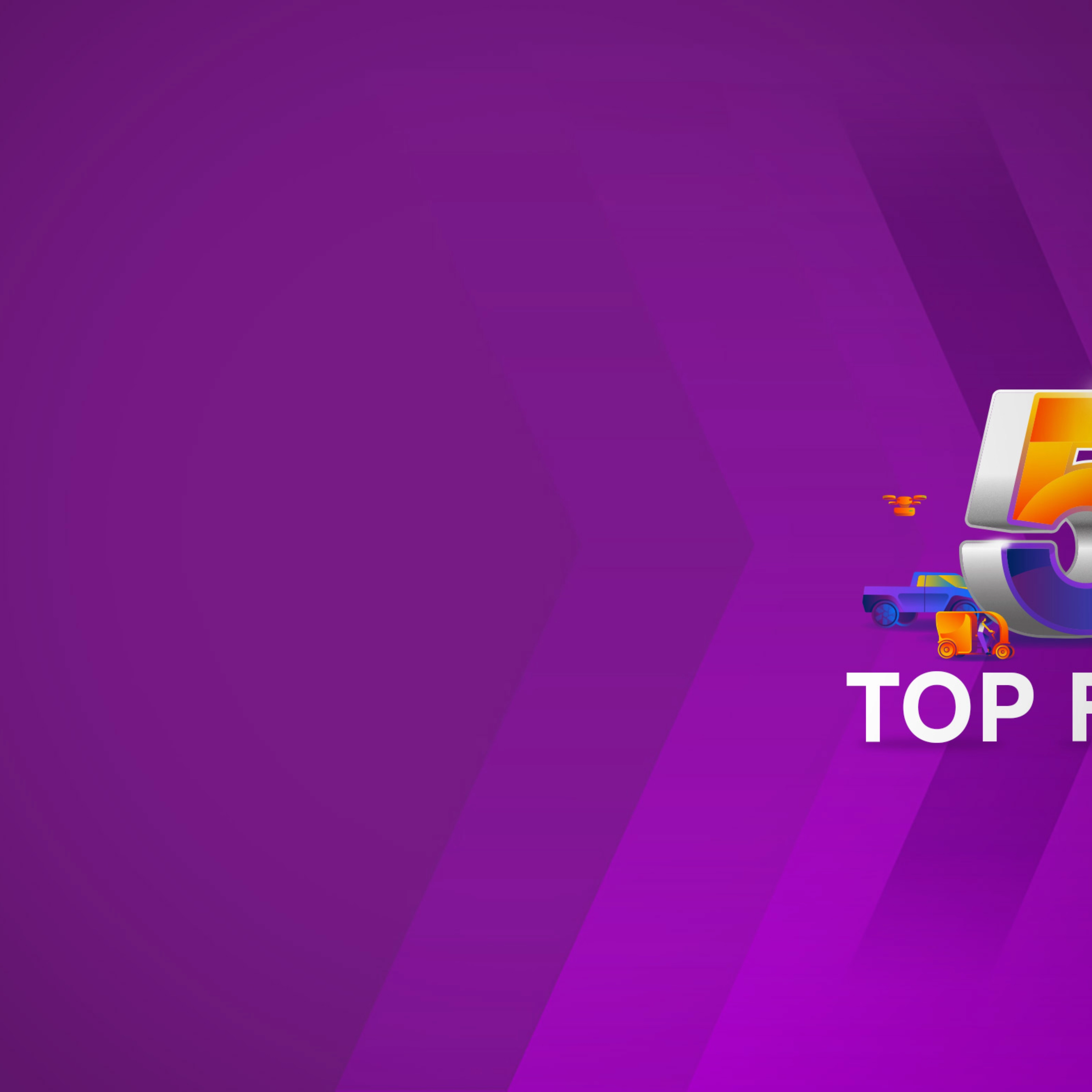 Colorful number 5 with vehicles and the text “TOP FIVE” on a purple background.